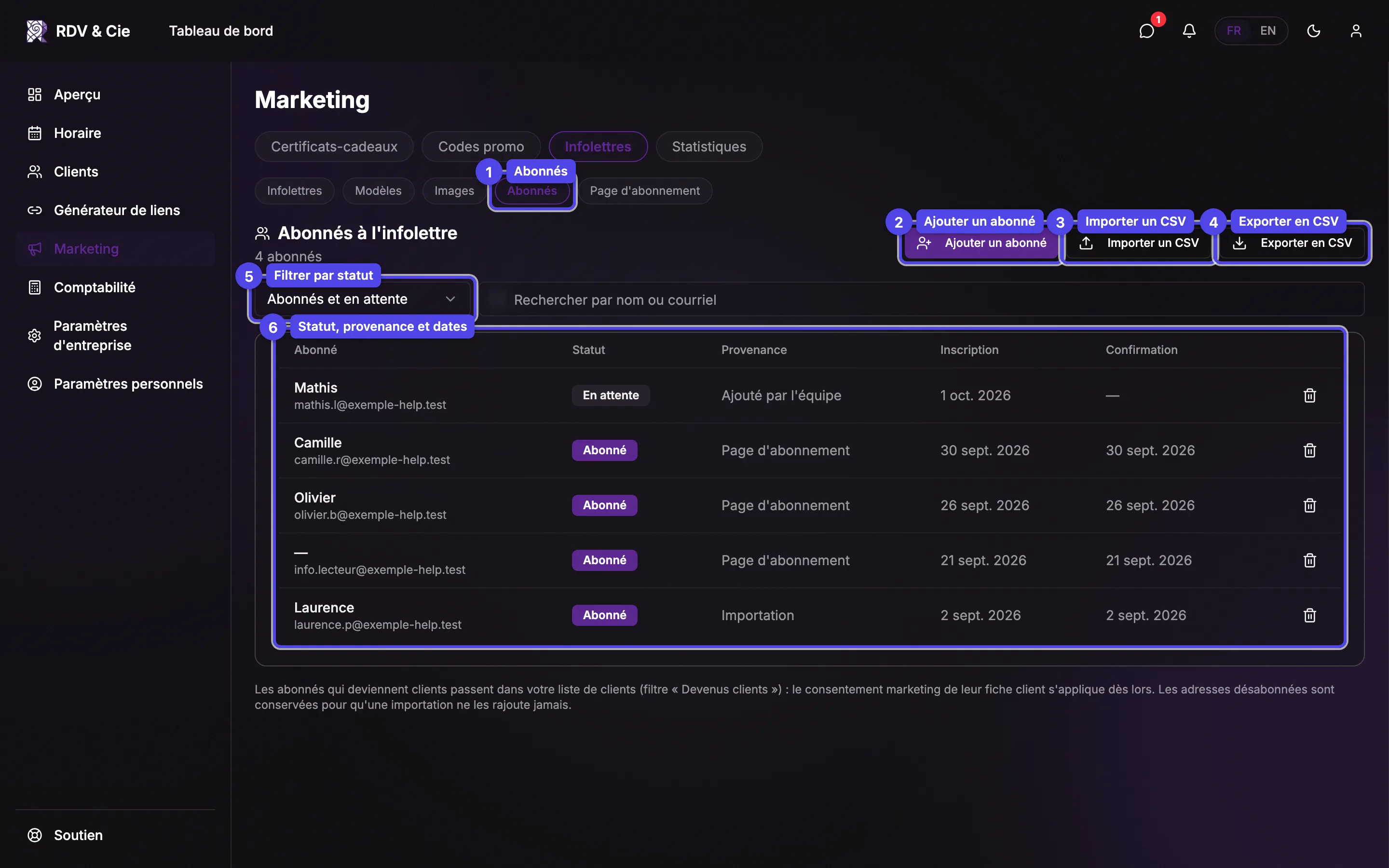 La page Abonnés : la pastille de la sous-navigation, les boutons Ajouter un abonné, Importer un CSV et Exporter en CSV, le filtre de statut et le tableau des abonnés, tous numérotés