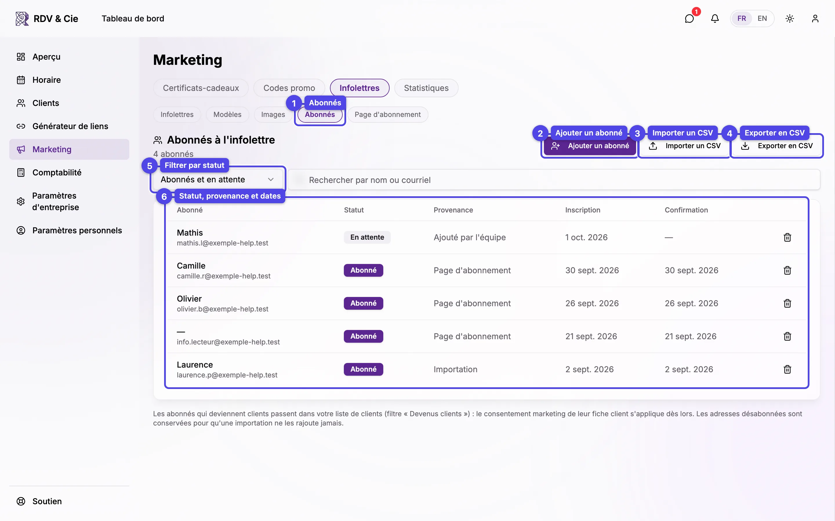 La page Abonnés : la pastille de la sous-navigation, les boutons Ajouter un abonné, Importer un CSV et Exporter en CSV, le filtre de statut et le tableau des abonnés, tous numérotés
