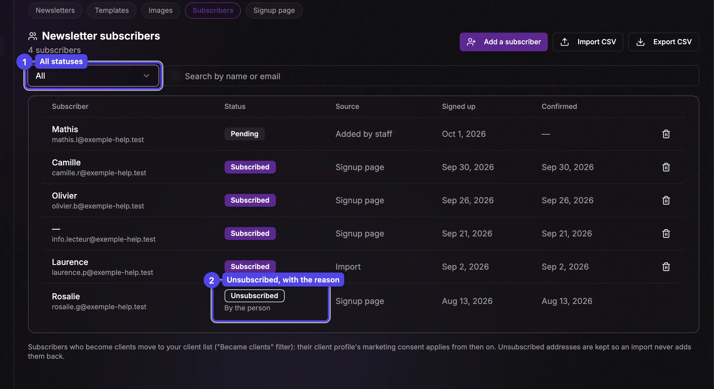 The subscriber list filtered on All, with an unsubscribed row showing its reason under the badge