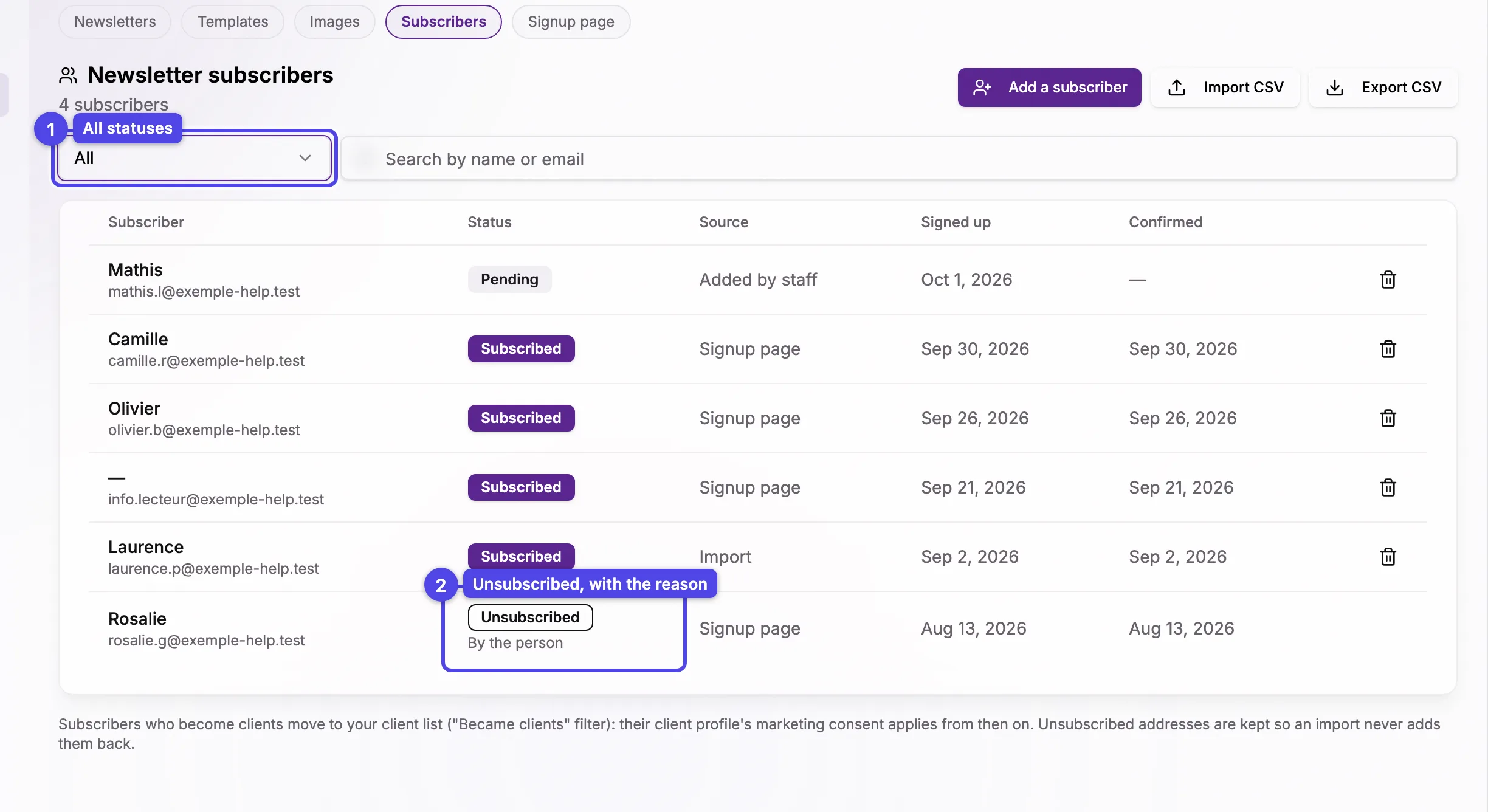 The subscriber list filtered on All, with an unsubscribed row showing its reason under the badge