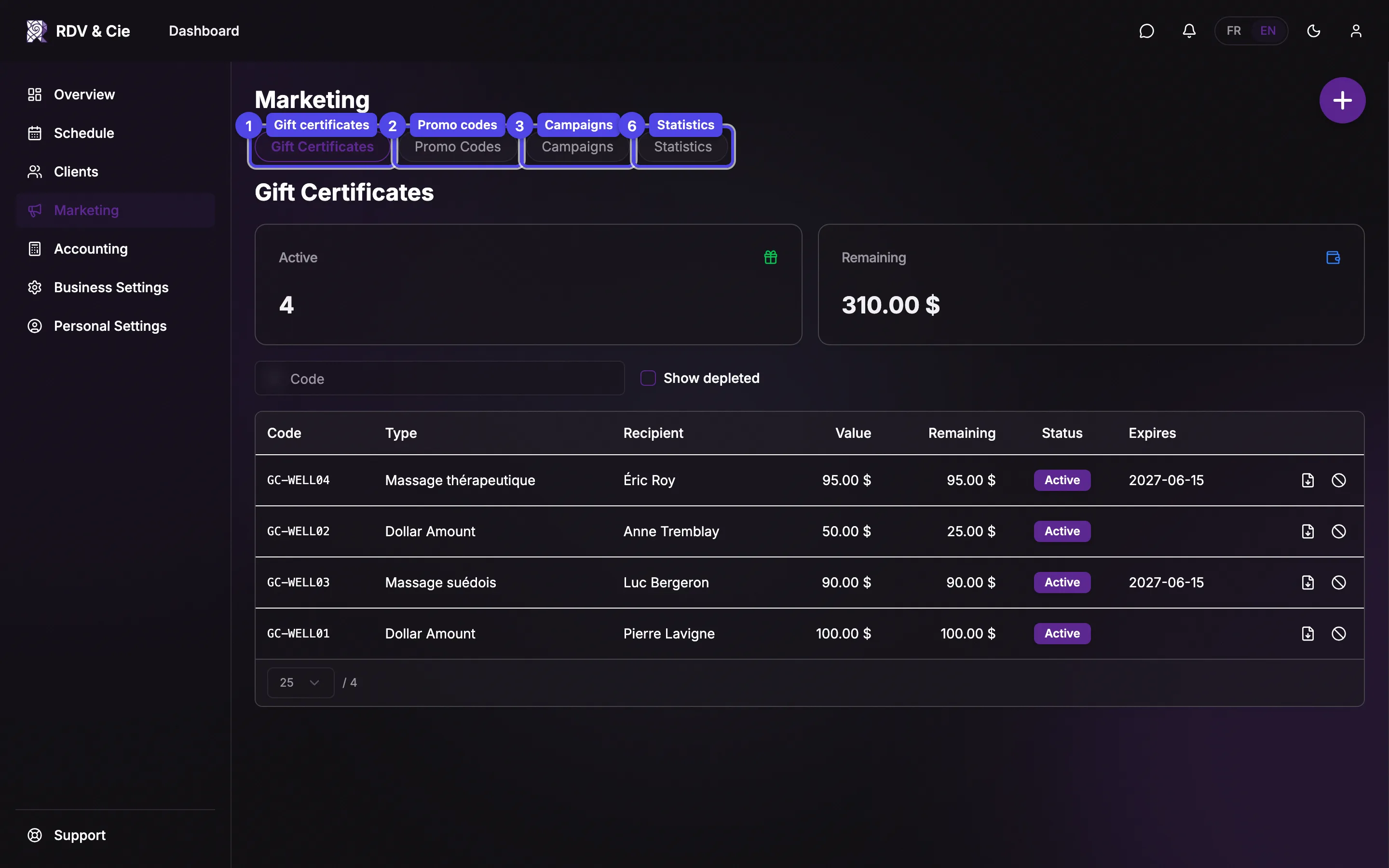 The Marketing tab bar with gift certificates, promo codes, campaigns, boutique, reviews and statistics