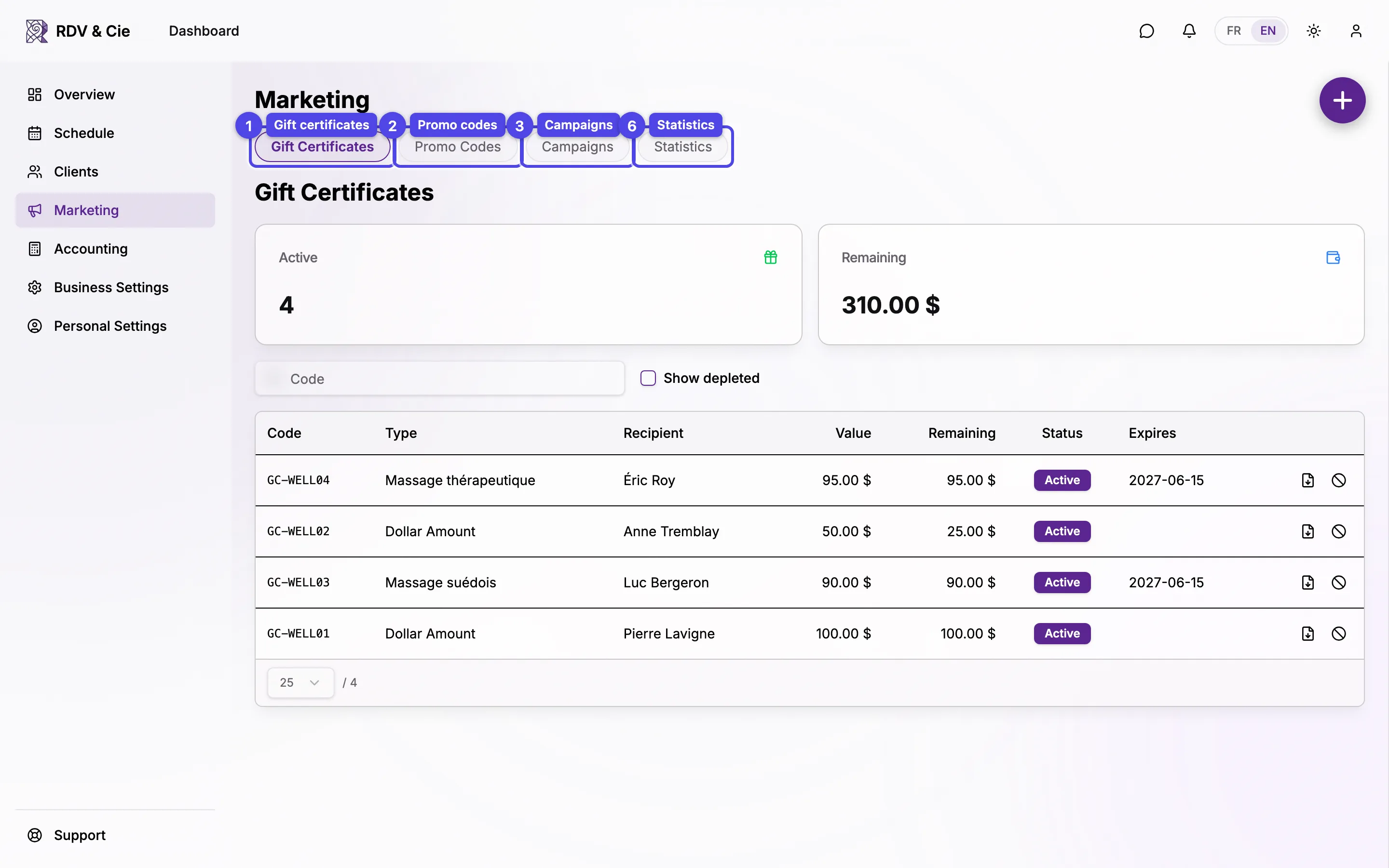 The Marketing tab bar with gift certificates, promo codes, campaigns, boutique, reviews and statistics