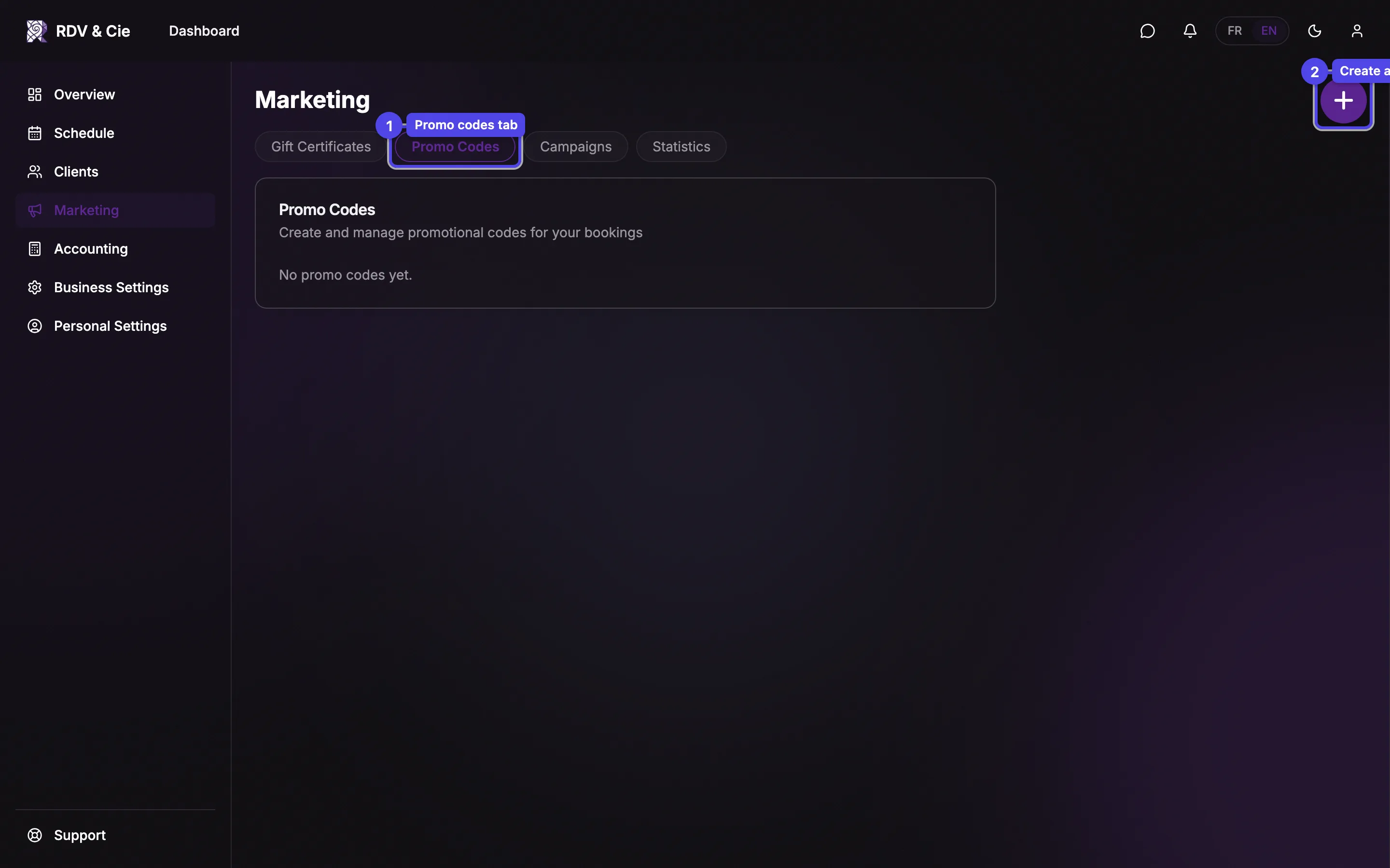 The promo codes tab with the create button and a list of codes showing their status and usage