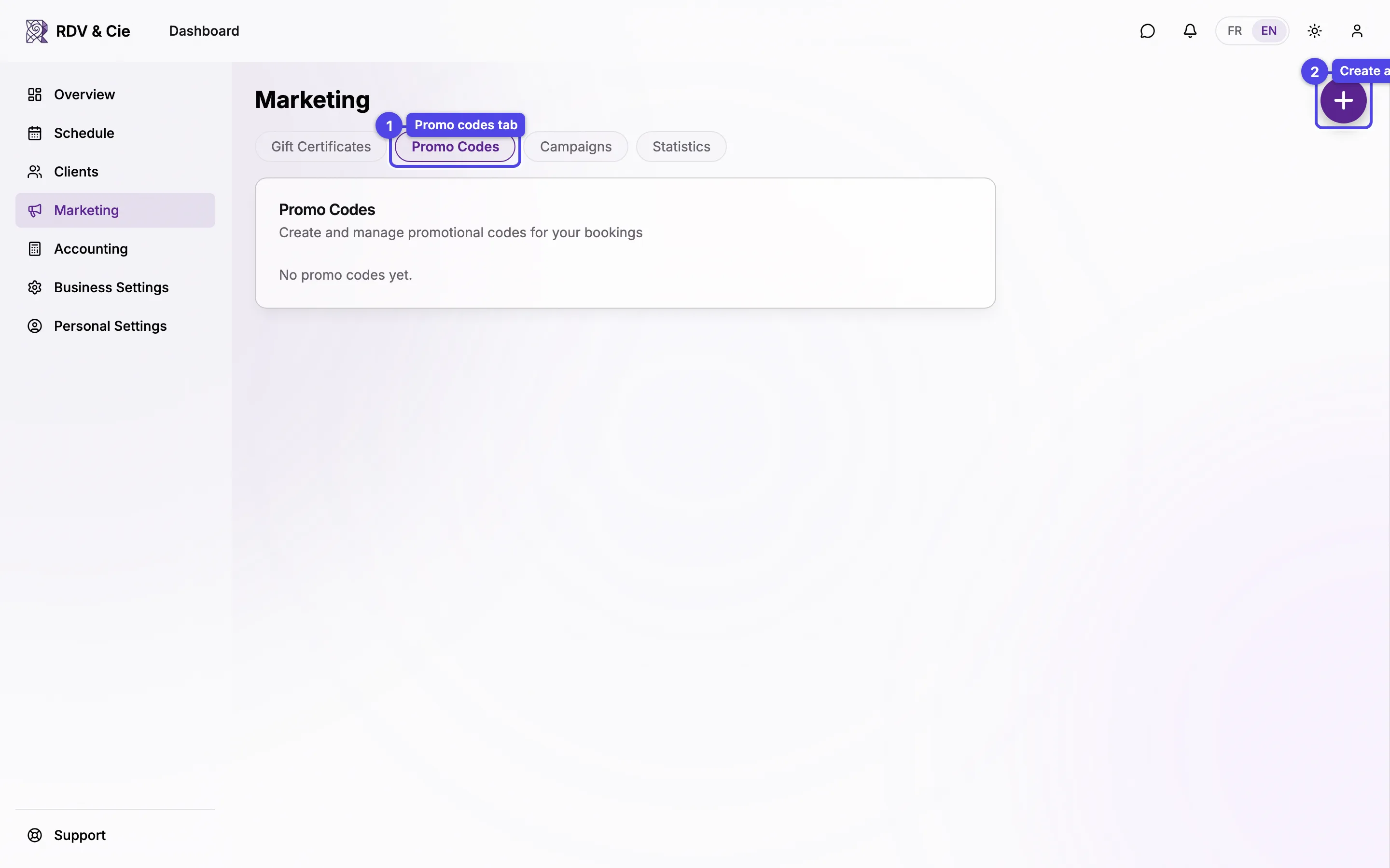 The promo codes tab with the create button and a list of codes showing their status and usage