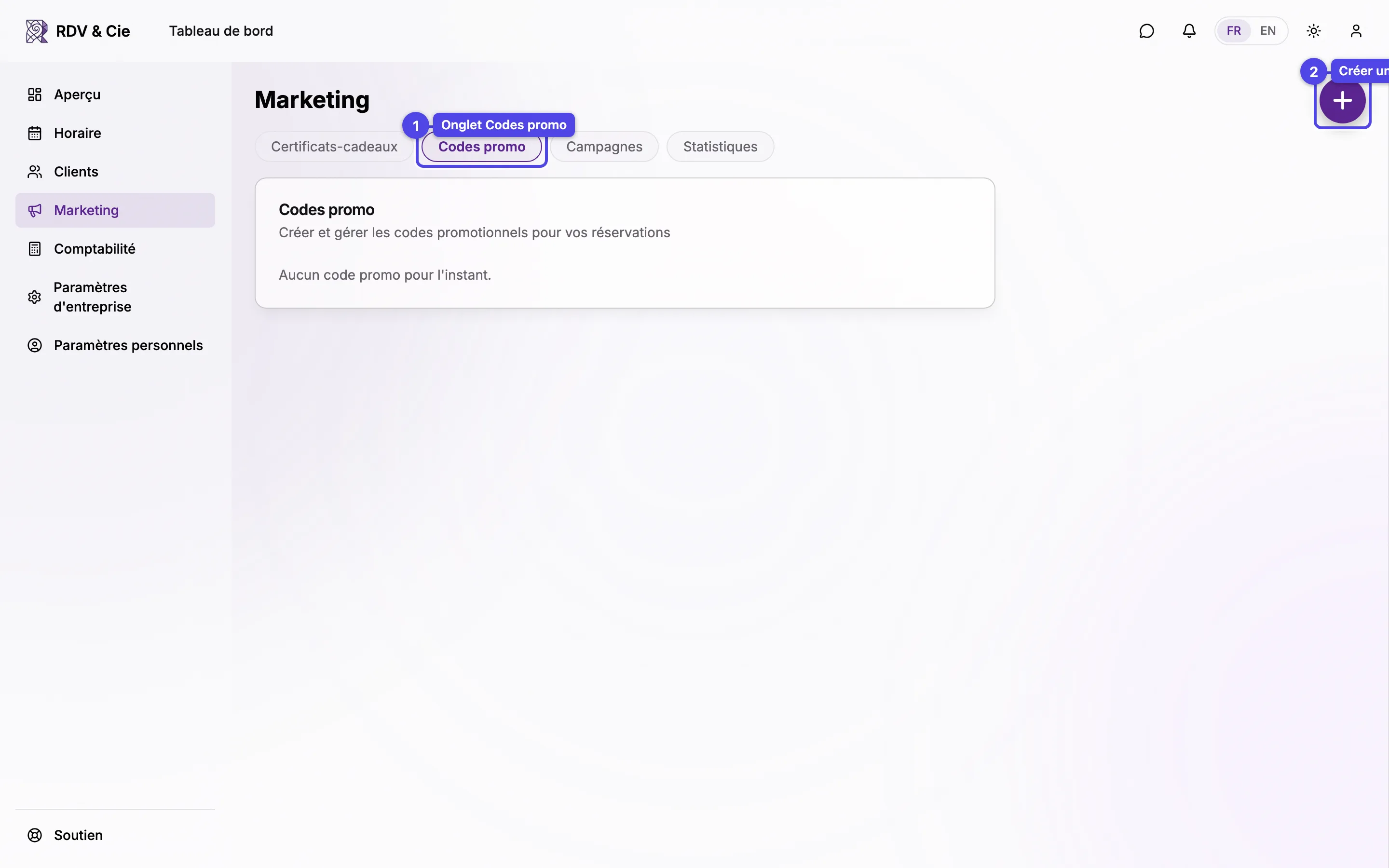 L'onglet Codes promo avec le bouton de création et une liste de codes affichant leur statut et leur utilisation