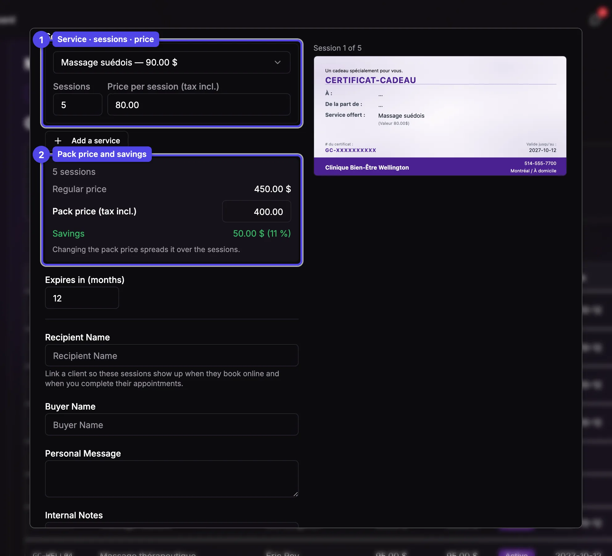 The session rows (service, number of sessions, price per session) and the pack price with the regular price and the savings