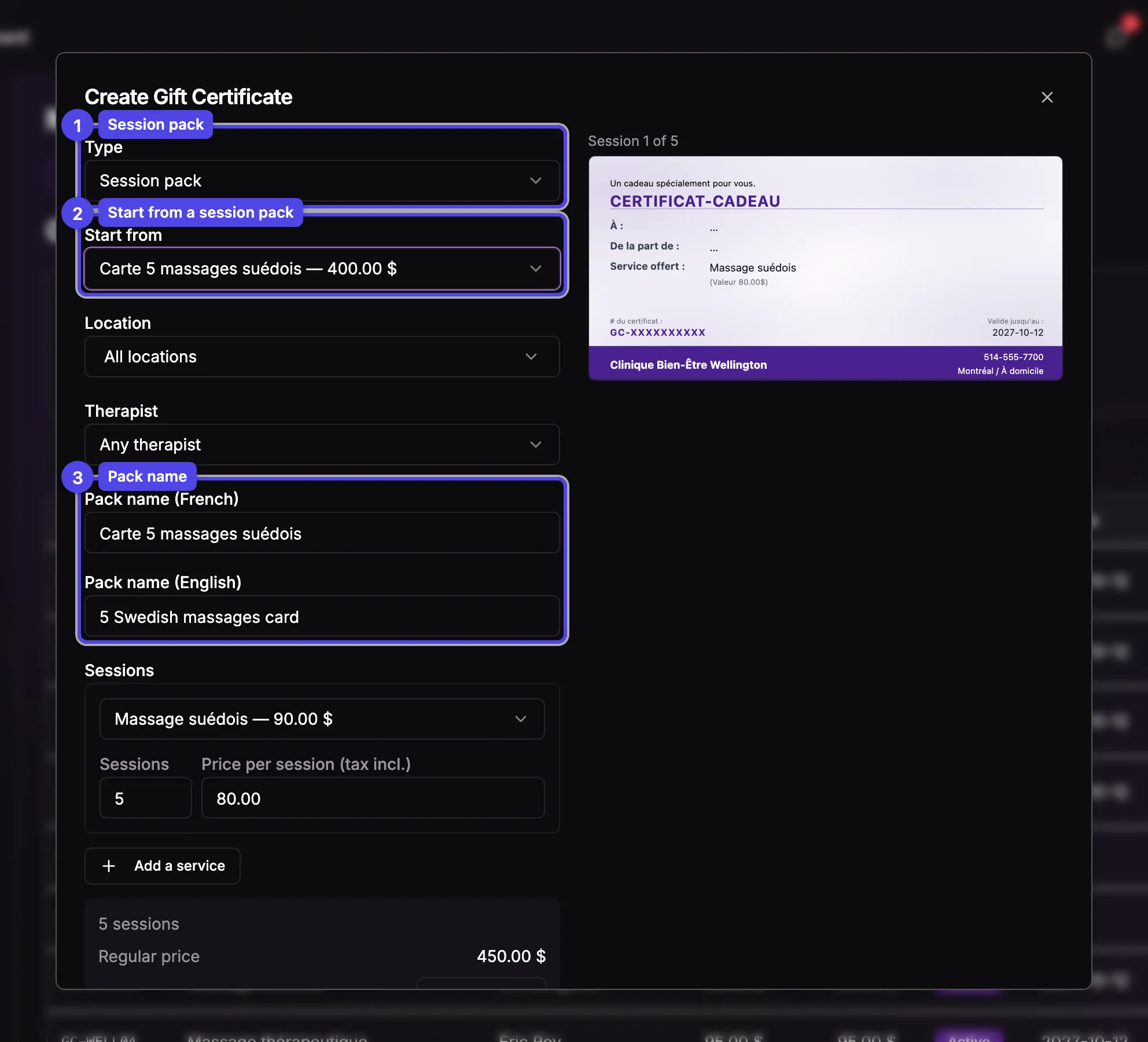 The Create Gift Certificate dialog with the Session pack type, the Start from selector and the pack name