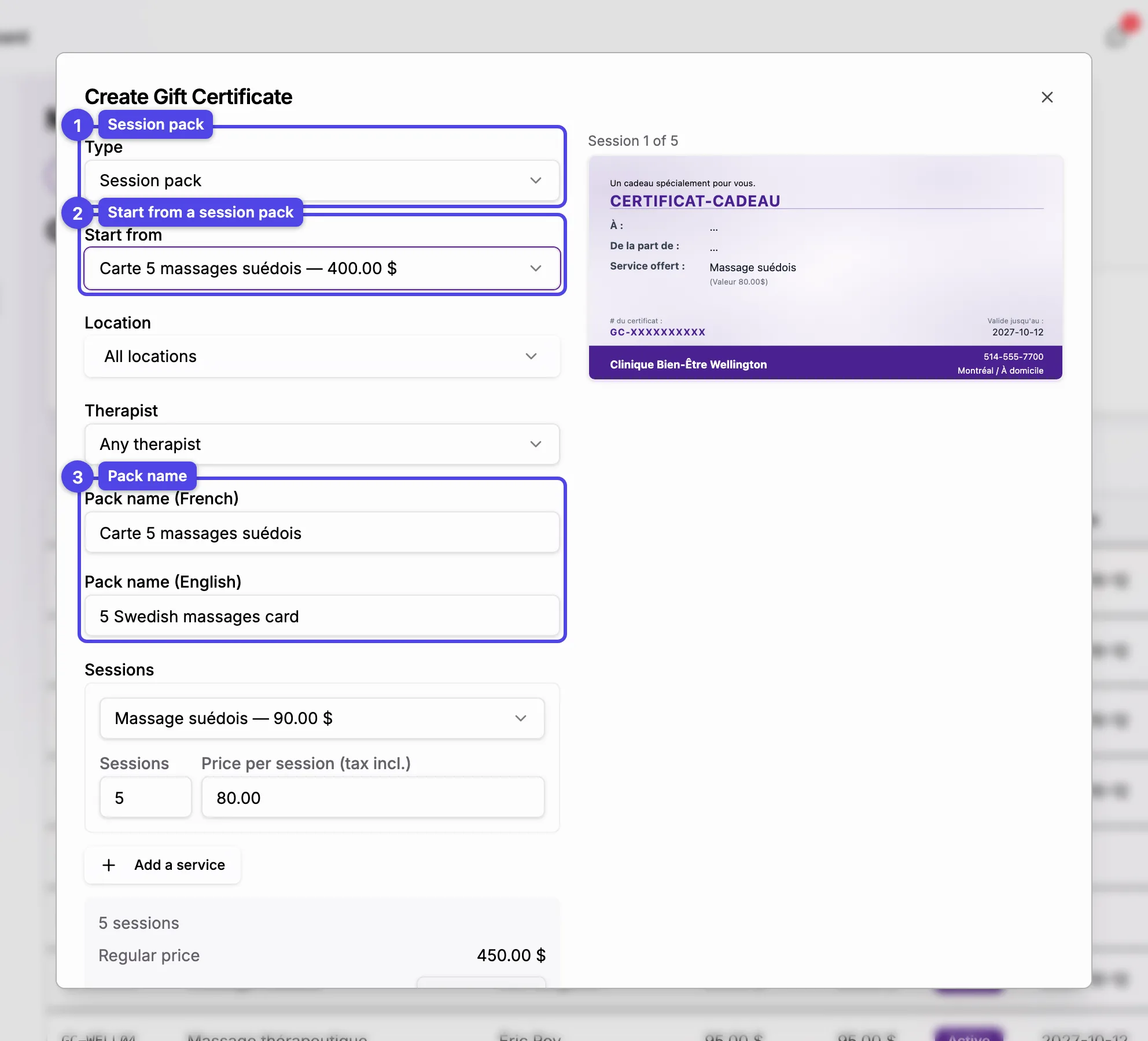 The Create Gift Certificate dialog with the Session pack type, the Start from selector and the pack name