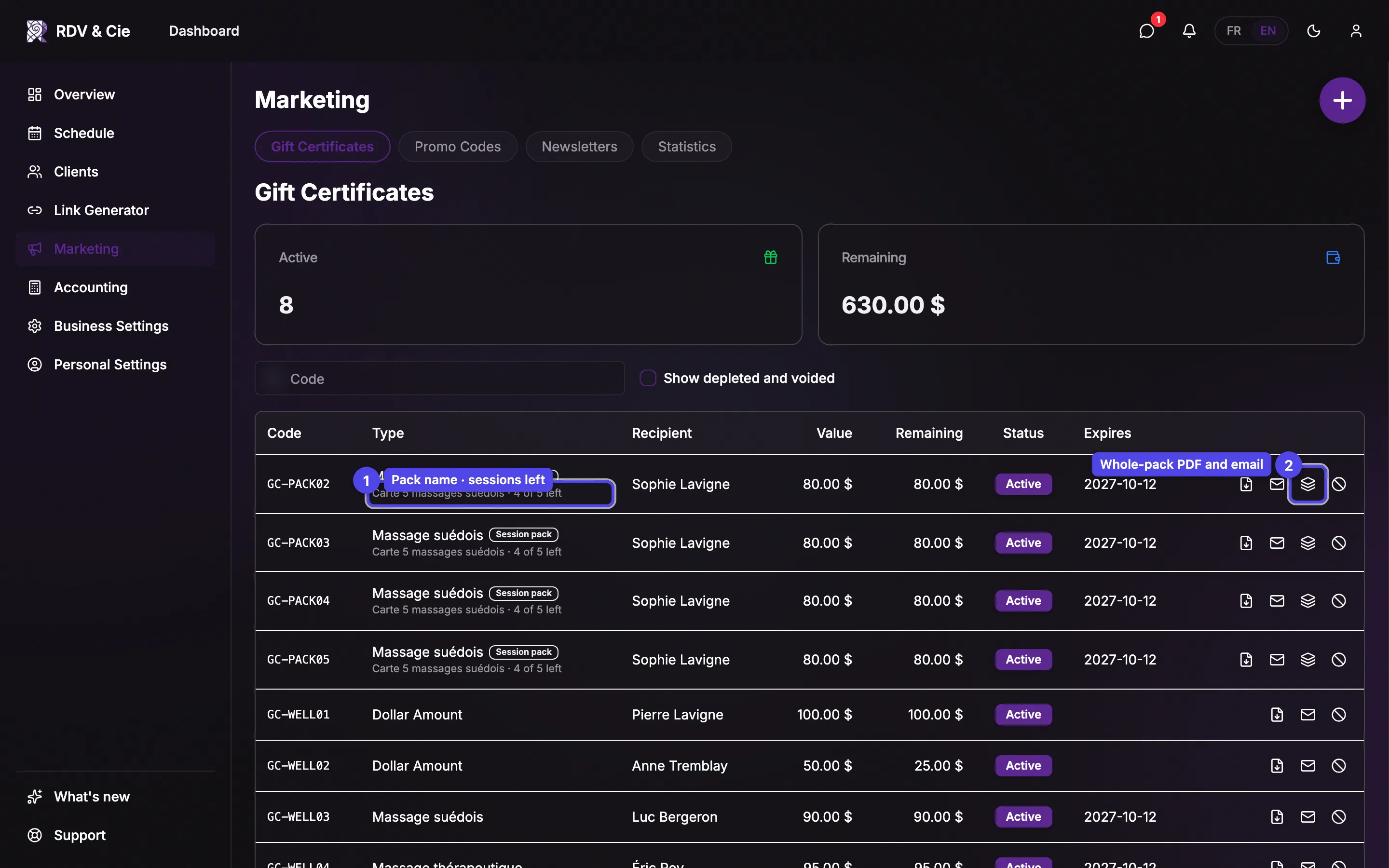 The gift certificates list with the sessions of a pack: the Session pack badge, the pack name with the sessions left, and the pack menu