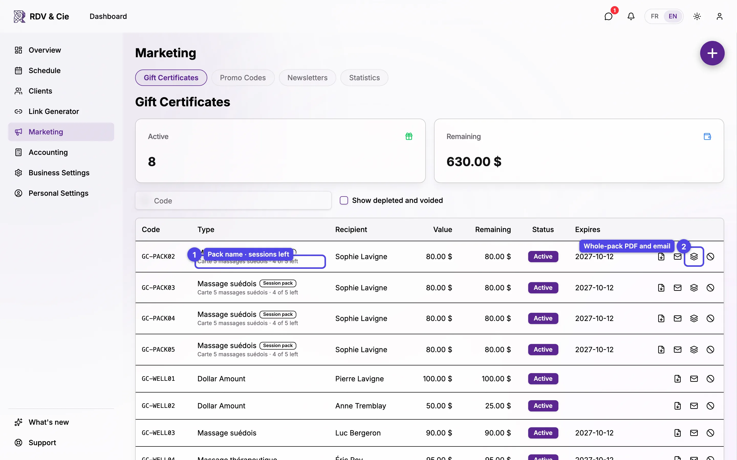 The gift certificates list with the sessions of a pack: the Session pack badge, the pack name with the sessions left, and the pack menu