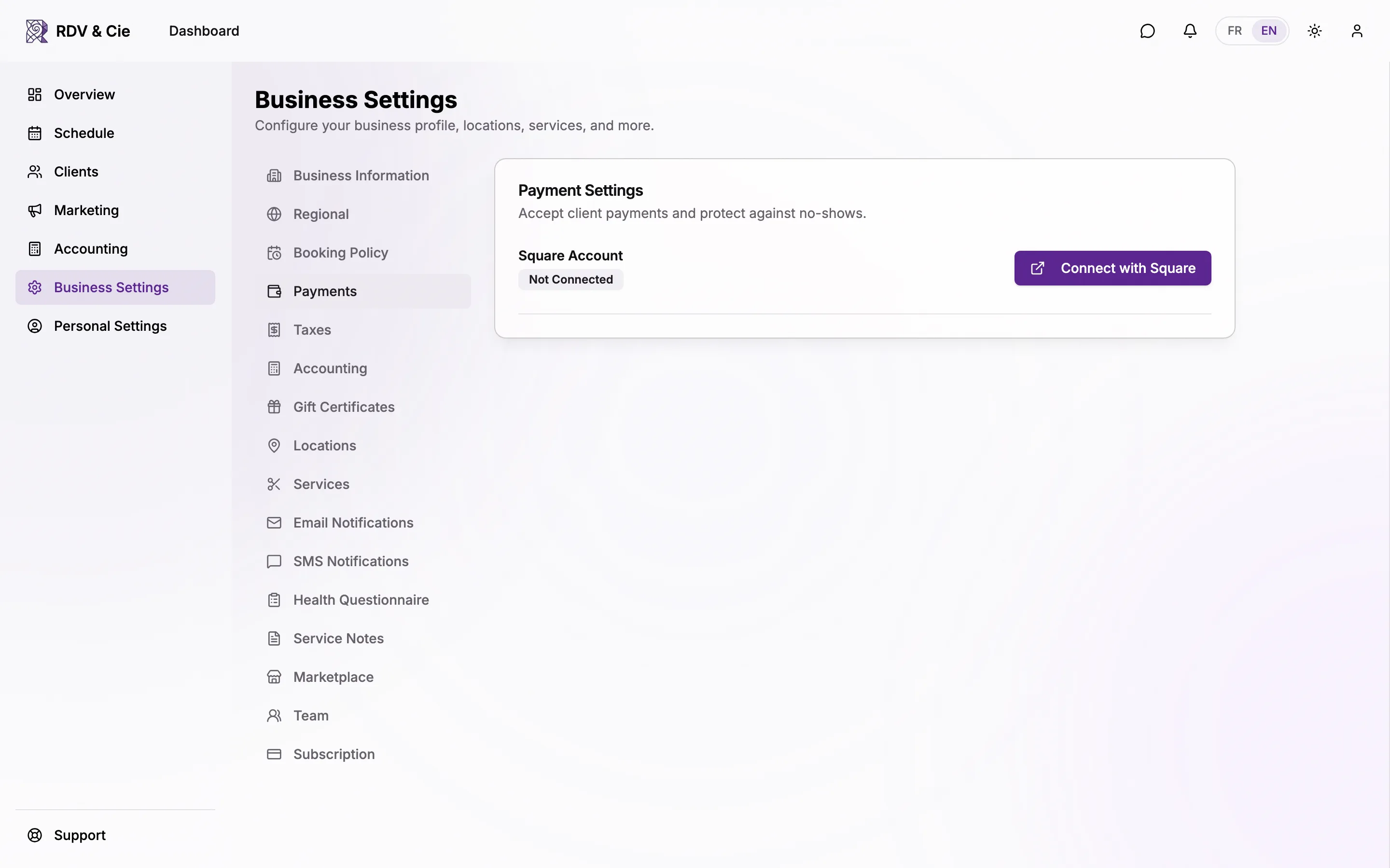 The Payments settings tab with Stripe and Square sections
