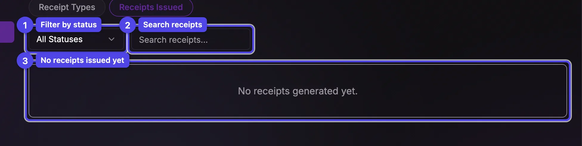 The Receipts Issued list with a status filter, a search box, and the empty state when no receipts have been issued