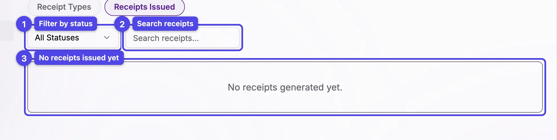 The Receipts Issued list with a status filter, a search box, and the empty state when no receipts have been issued