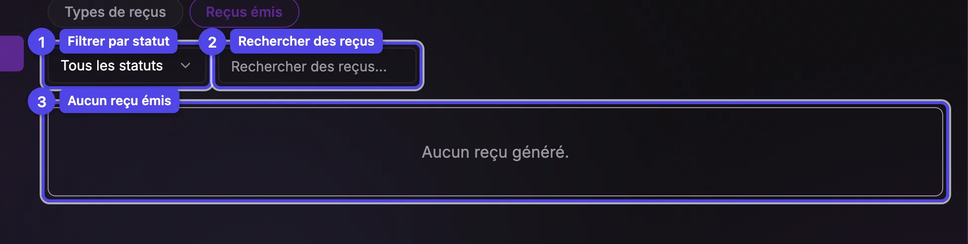 La liste Reçus émis avec un filtre de statut, un champ de recherche et l'état vide lorsqu'aucun reçu n'a été émis