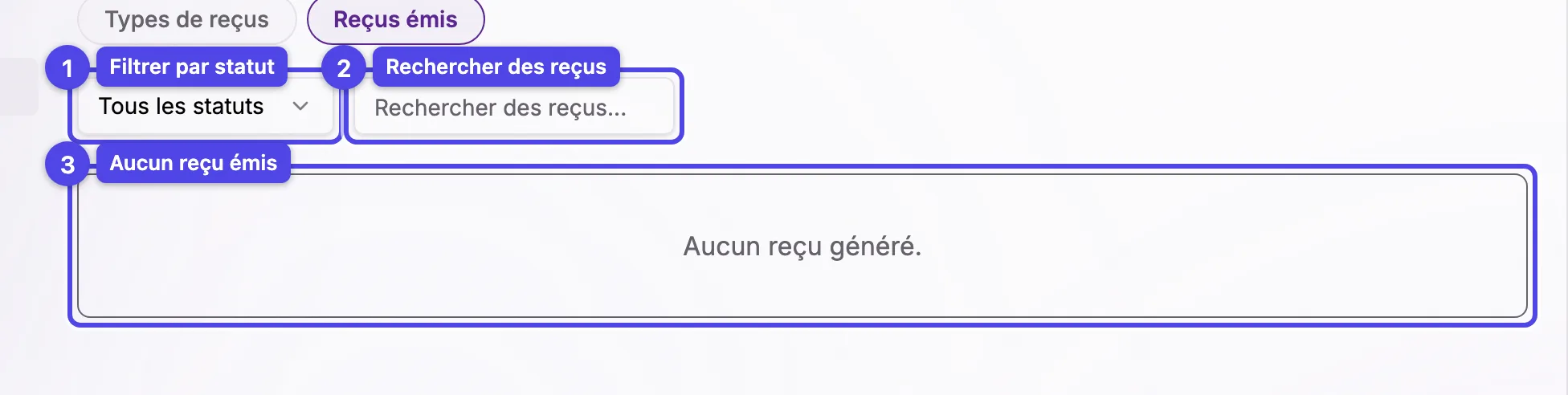La liste Reçus émis avec un filtre de statut, un champ de recherche et l'état vide lorsqu'aucun reçu n'a été émis