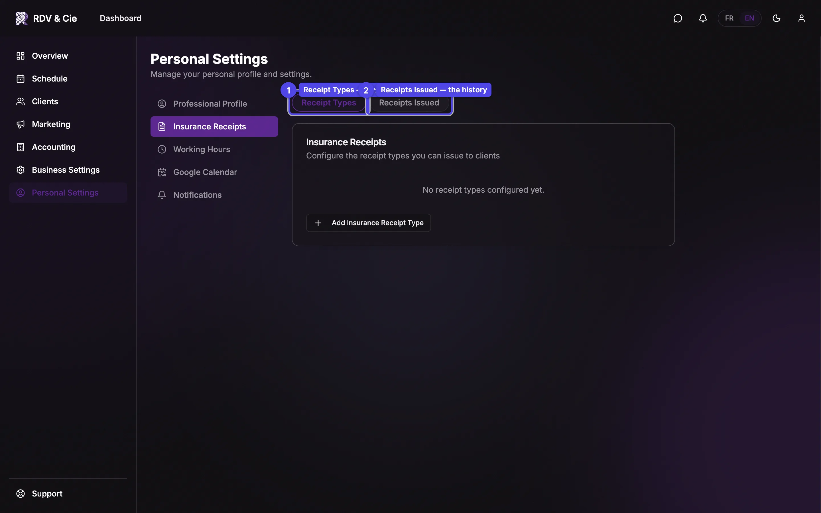 The Insurance Receipts section with two sub-tabs: Receipt Types and Receipts Issued