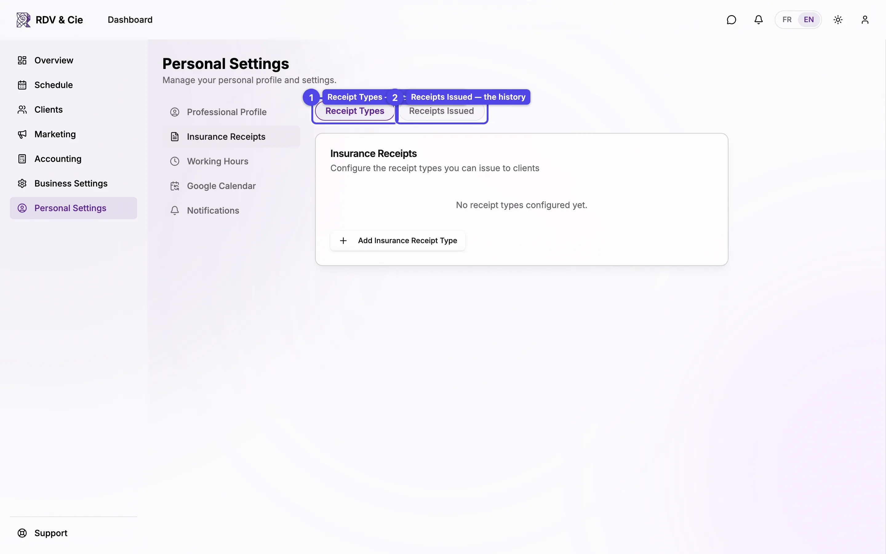 The Insurance Receipts section with two sub-tabs: Receipt Types and Receipts Issued