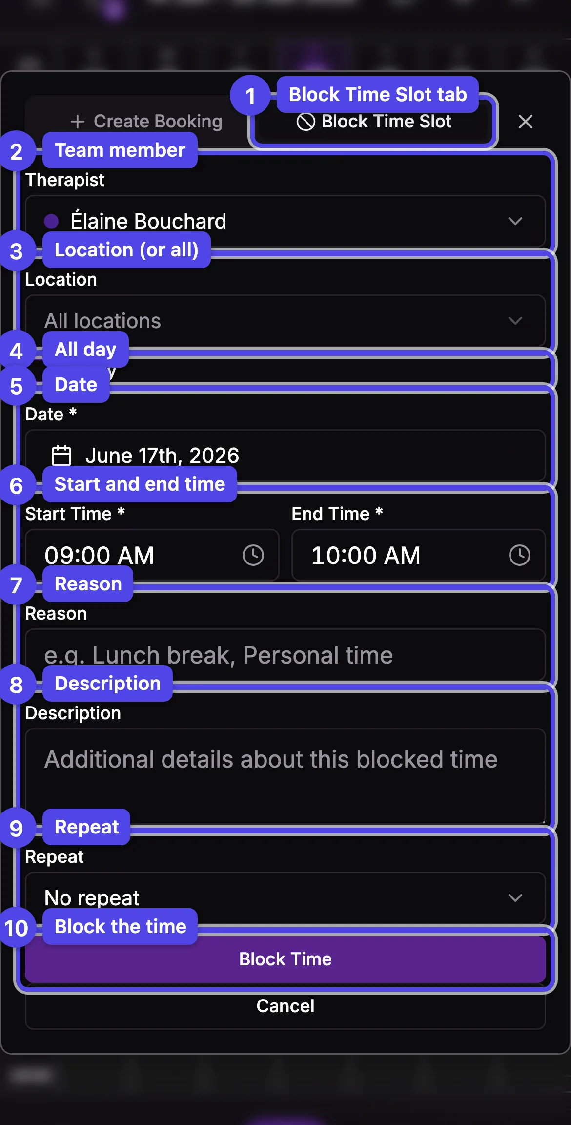 The Block Time Slot tab with every field numbered