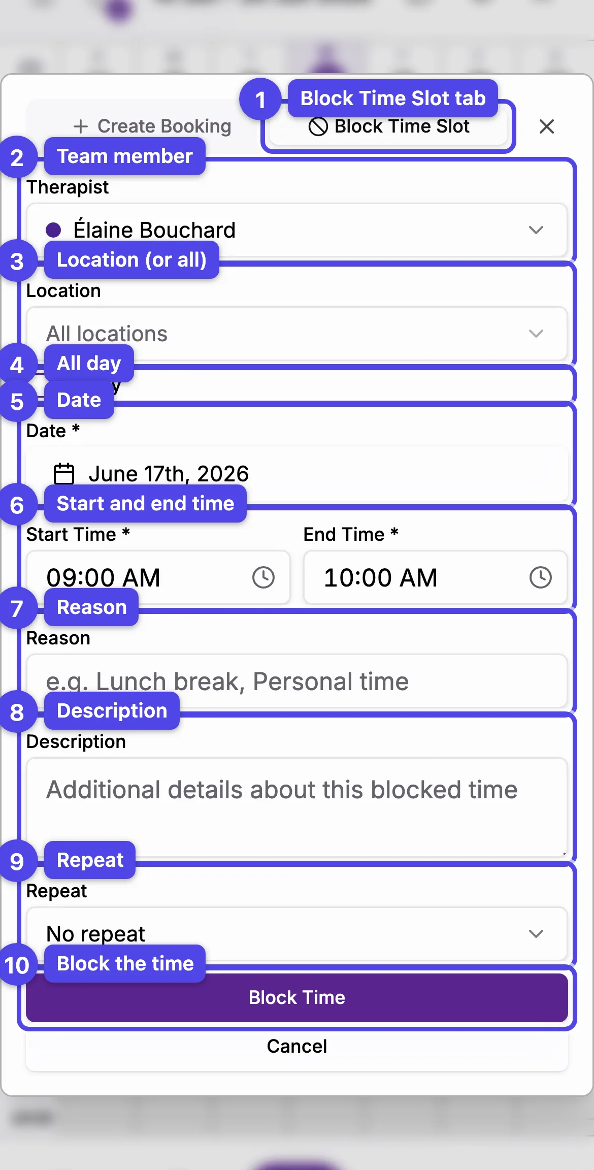 The Block Time Slot tab with every field numbered