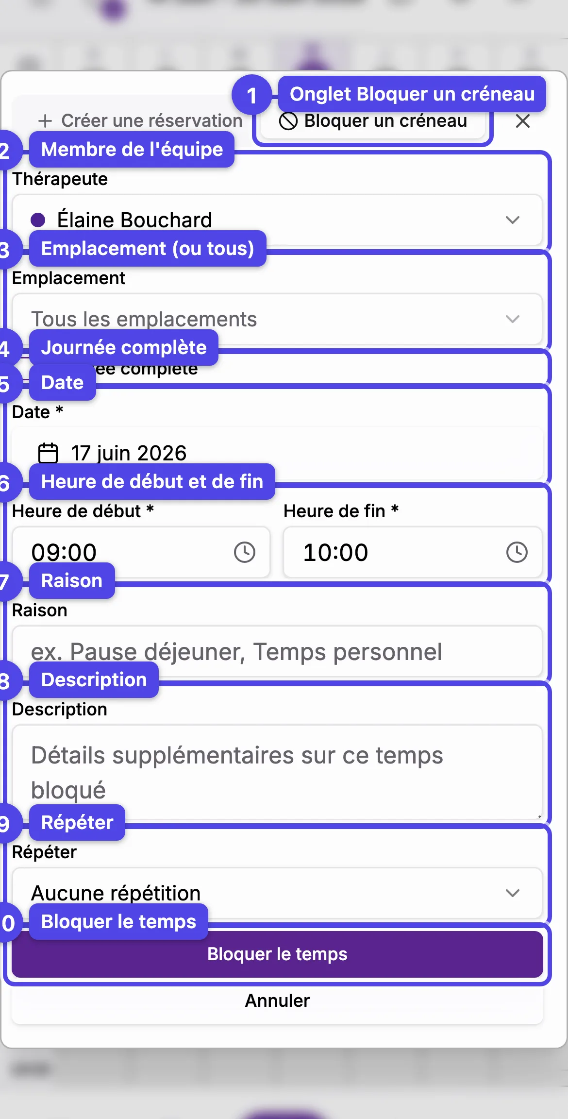 L'onglet Bloquer un créneau avec chaque champ numéroté