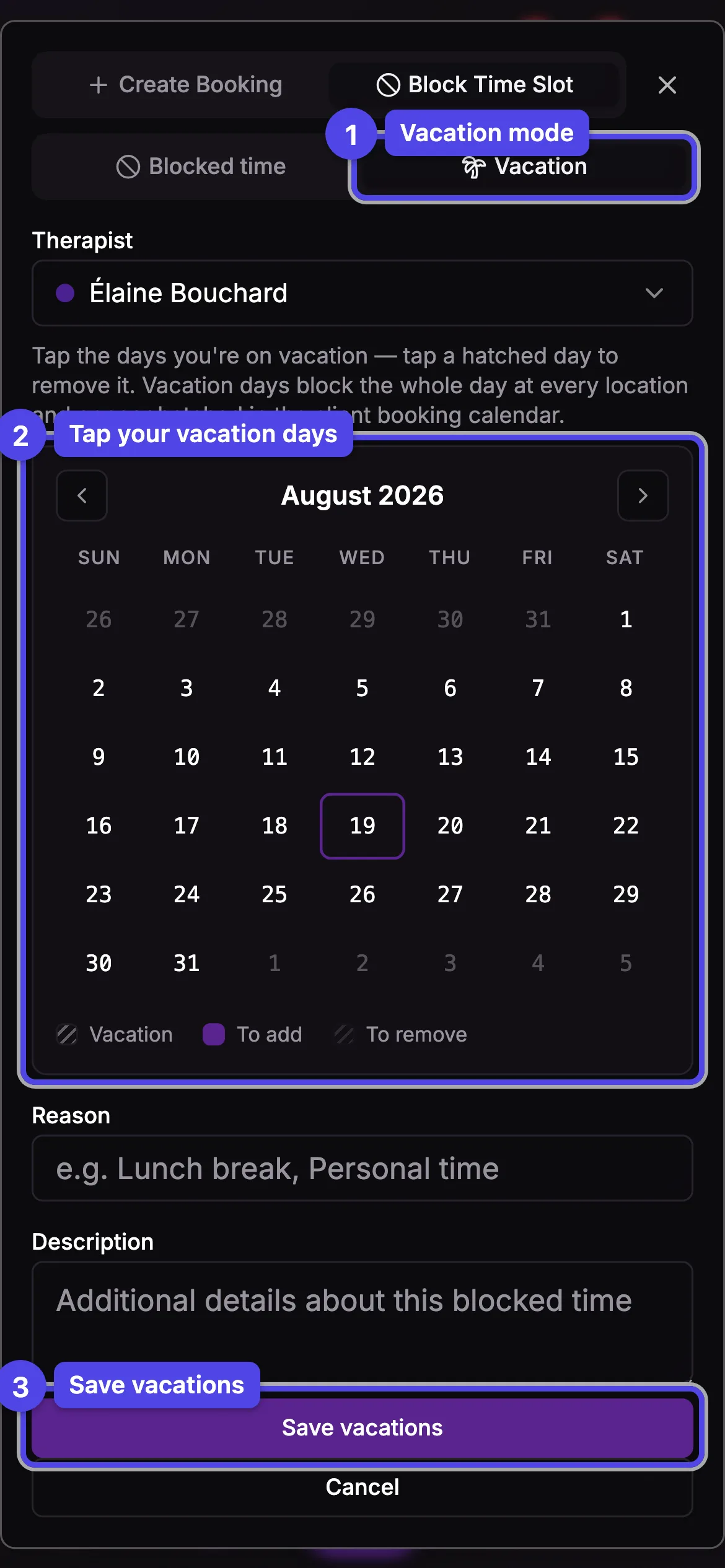 Vacation mode with the month calendar and the Save vacations button numbered
