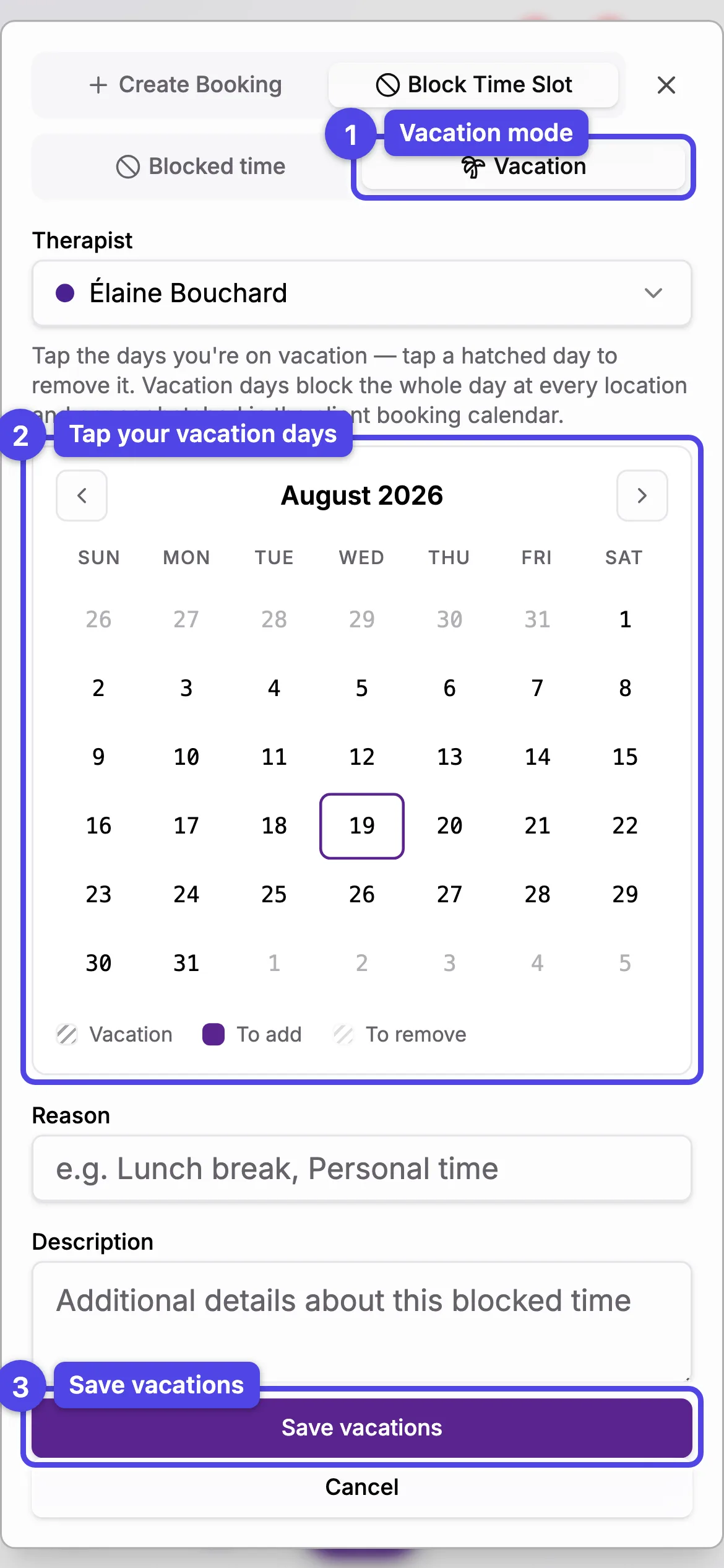 Vacation mode with the month calendar and the Save vacations button numbered