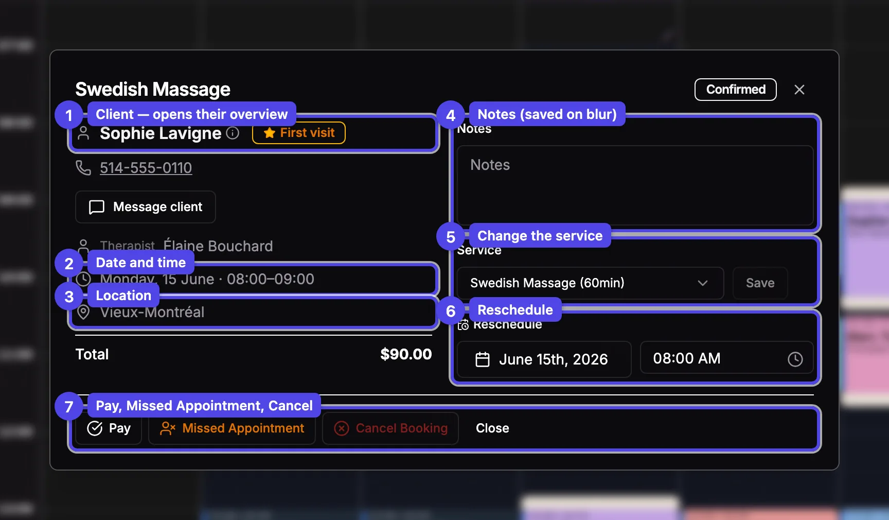 The booking-detail dialog with the info column, edit panel, and action buttons numbered