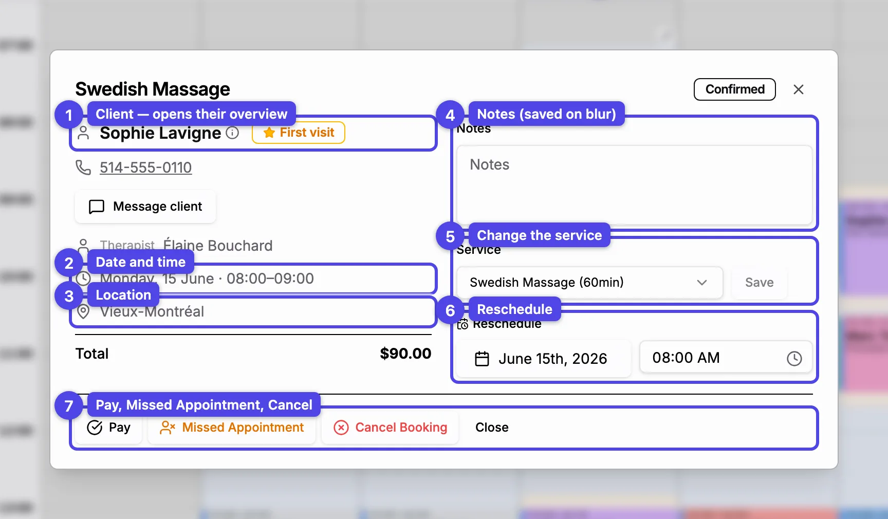 The booking-detail dialog with the info column, edit panel, and action buttons numbered