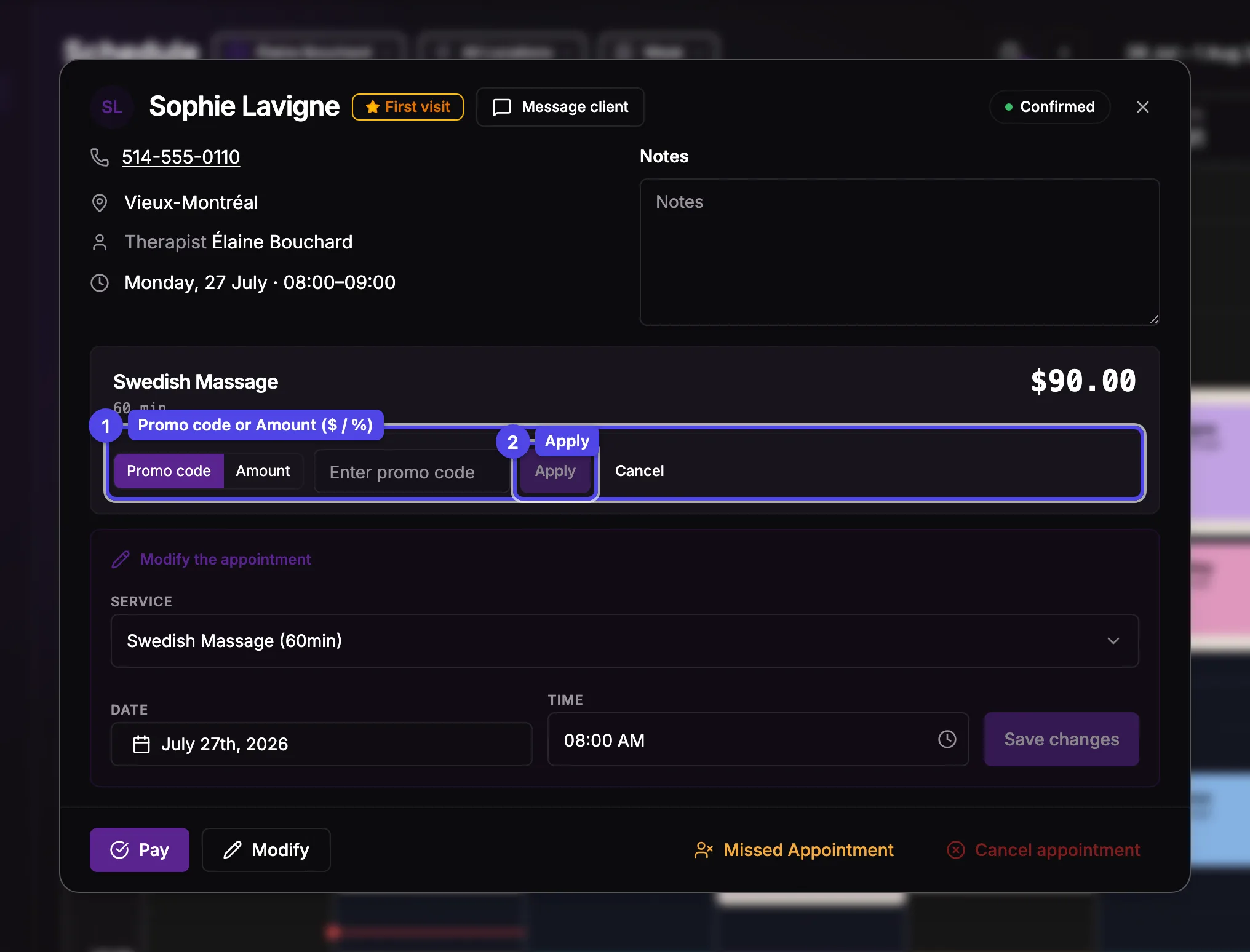 The discount editor under the price band: the Promo code / Amount toggle and the Apply button — numbered