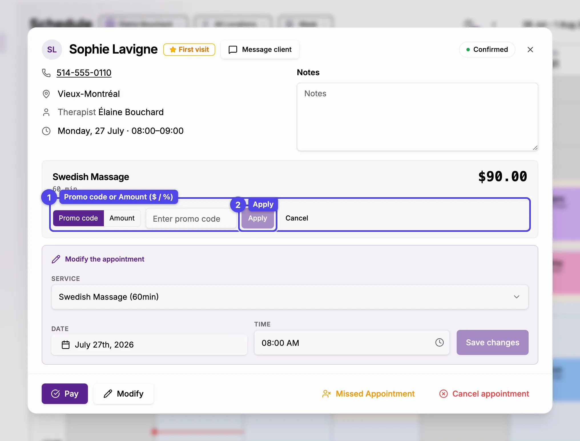 The discount editor under the price band: the Promo code / Amount toggle and the Apply button — numbered
