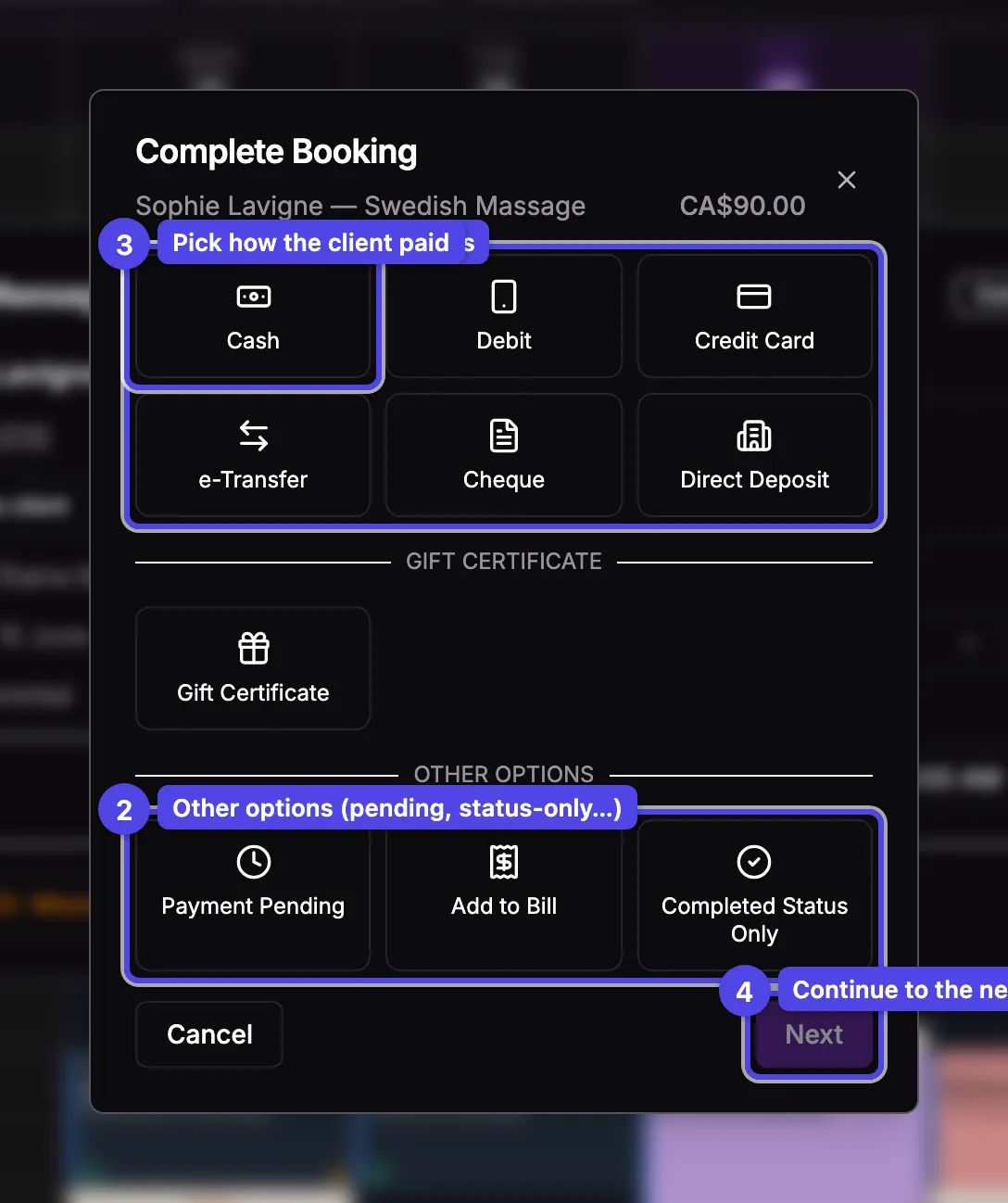 The completion wizard on the Payment Method step, with the manual methods, other options, a selected method, and the Next button numbered
