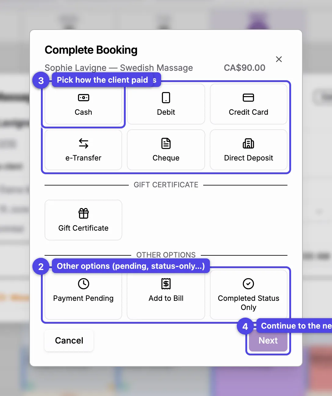 The completion wizard on the Payment Method step, with the manual methods, other options, a selected method, and the Next button numbered