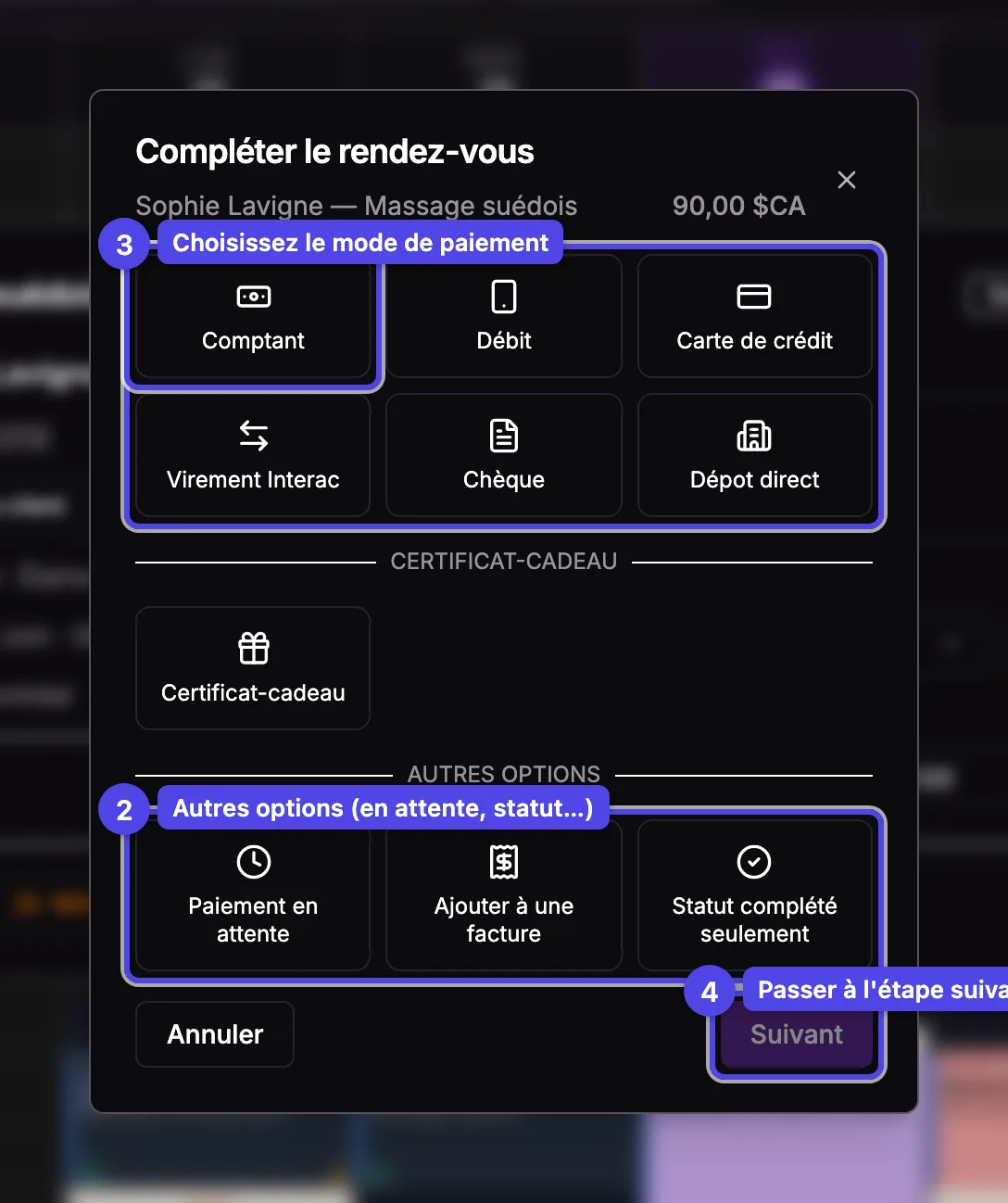 L'assistant de complétion à l'étape Mode de paiement, avec les modes manuels, les autres options, un mode sélectionné et le bouton Suivant numérotés