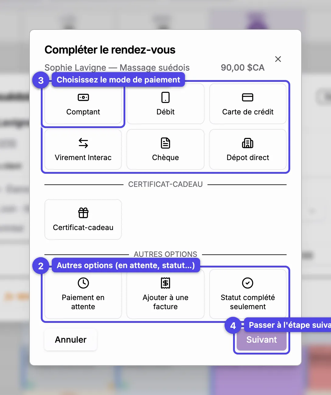 L'assistant de complétion à l'étape Mode de paiement, avec les modes manuels, les autres options, un mode sélectionné et le bouton Suivant numérotés