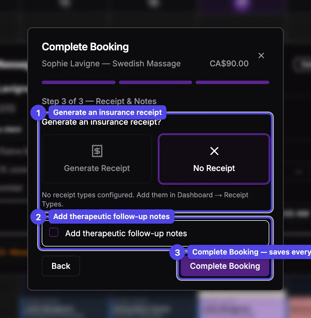 The completion wizard on the Receipt & Notes step, with the receipt toggle, the service-notes checkbox, and the Complete Booking button numbered