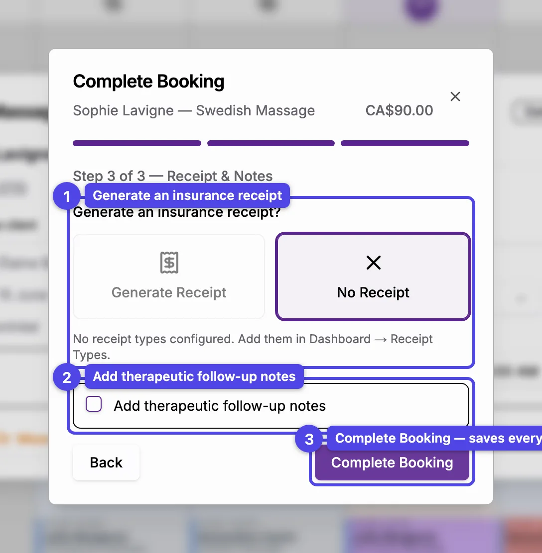 The completion wizard on the Receipt & Notes step, with the receipt toggle, the service-notes checkbox, and the Complete Booking button numbered