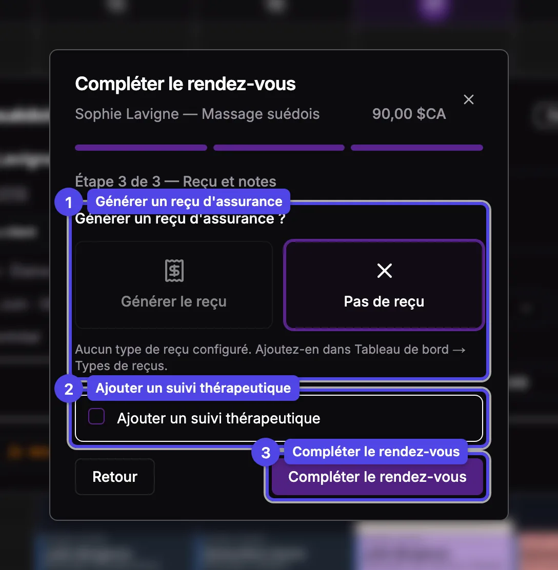 L'assistant de complétion à l'étape Reçu et notes, avec l'option de reçu, la case de notes de suivi et le bouton Compléter le rendez-vous numérotés