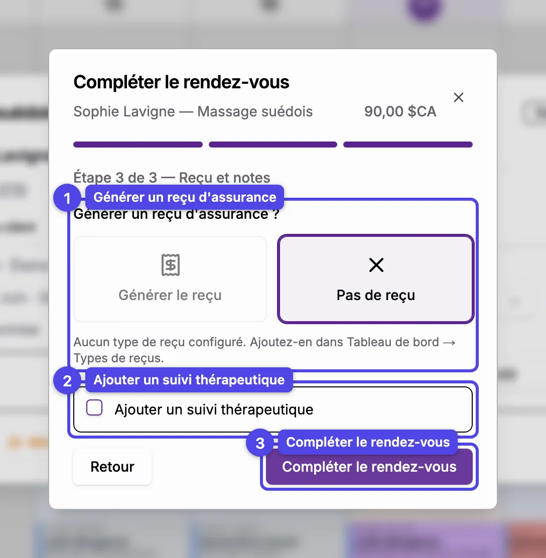 L'assistant de complétion à l'étape Reçu et notes, avec l'option de reçu, la case de notes de suivi et le bouton Compléter le rendez-vous numérotés