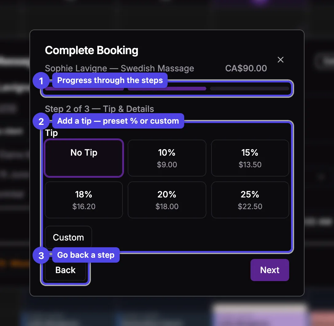 The completion wizard on the Tip step, with the step indicator, the tip presets, and the Back button numbered