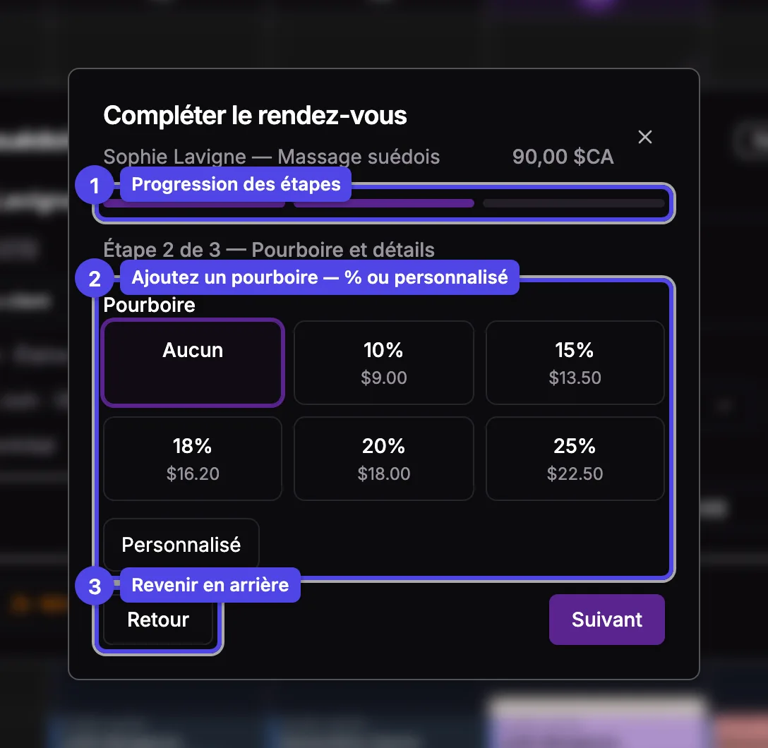 L'assistant de complétion à l'étape Pourboire, avec l'indicateur de progression, les pourboires prédéfinis et le bouton Retour numérotés