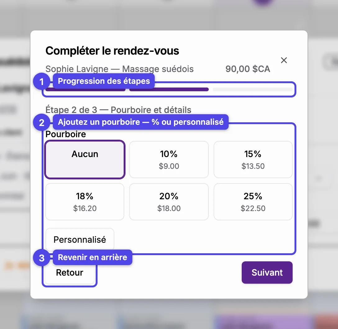 L'assistant de complétion à l'étape Pourboire, avec l'indicateur de progression, les pourboires prédéfinis et le bouton Retour numérotés