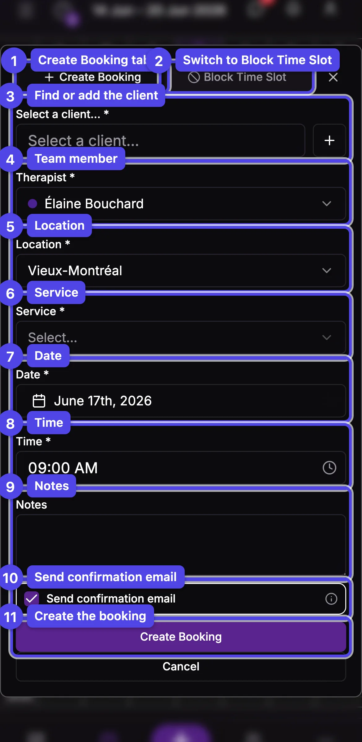 The Create Booking dialog with every field numbered
