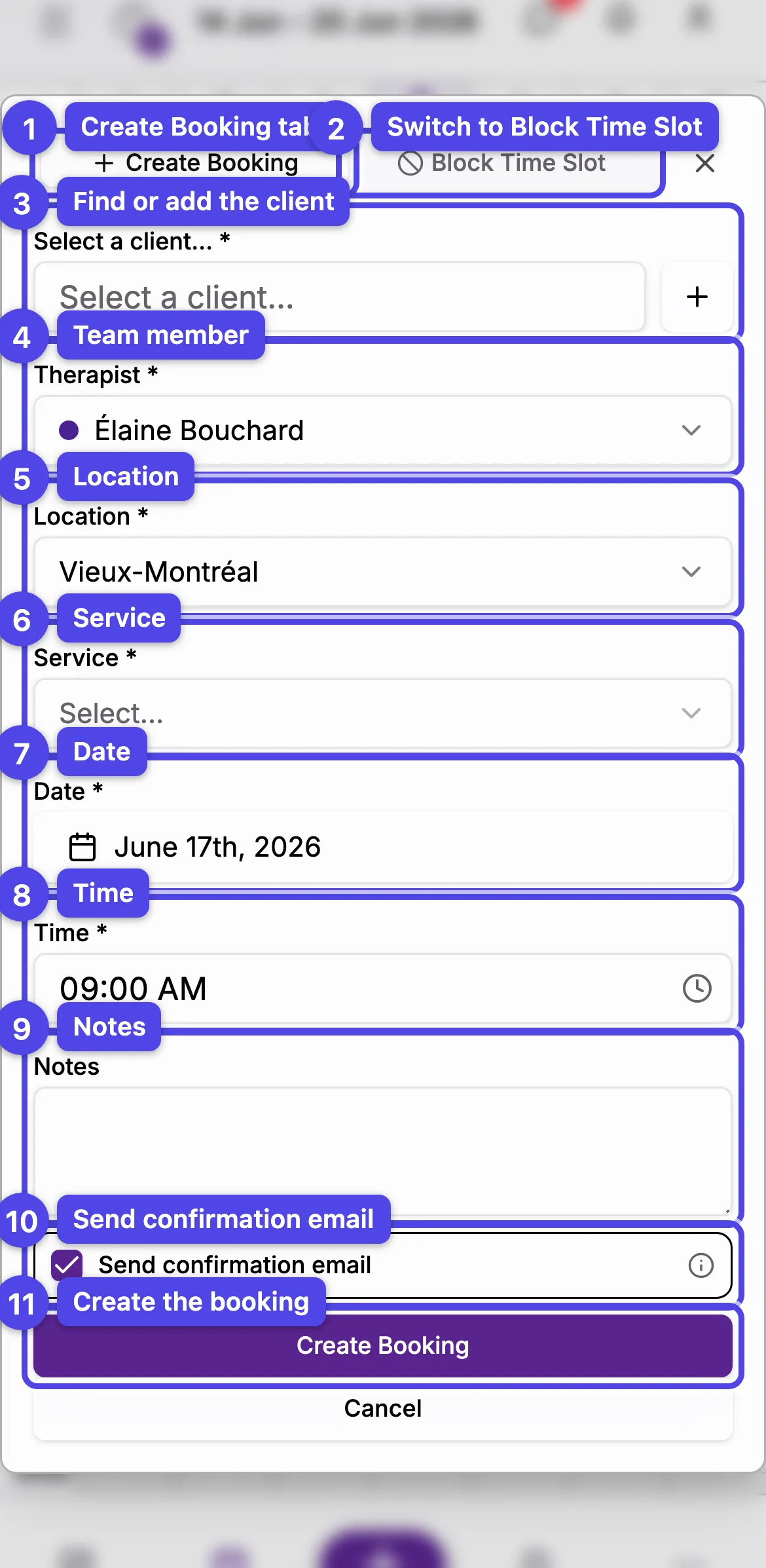 The Create Booking dialog with every field numbered