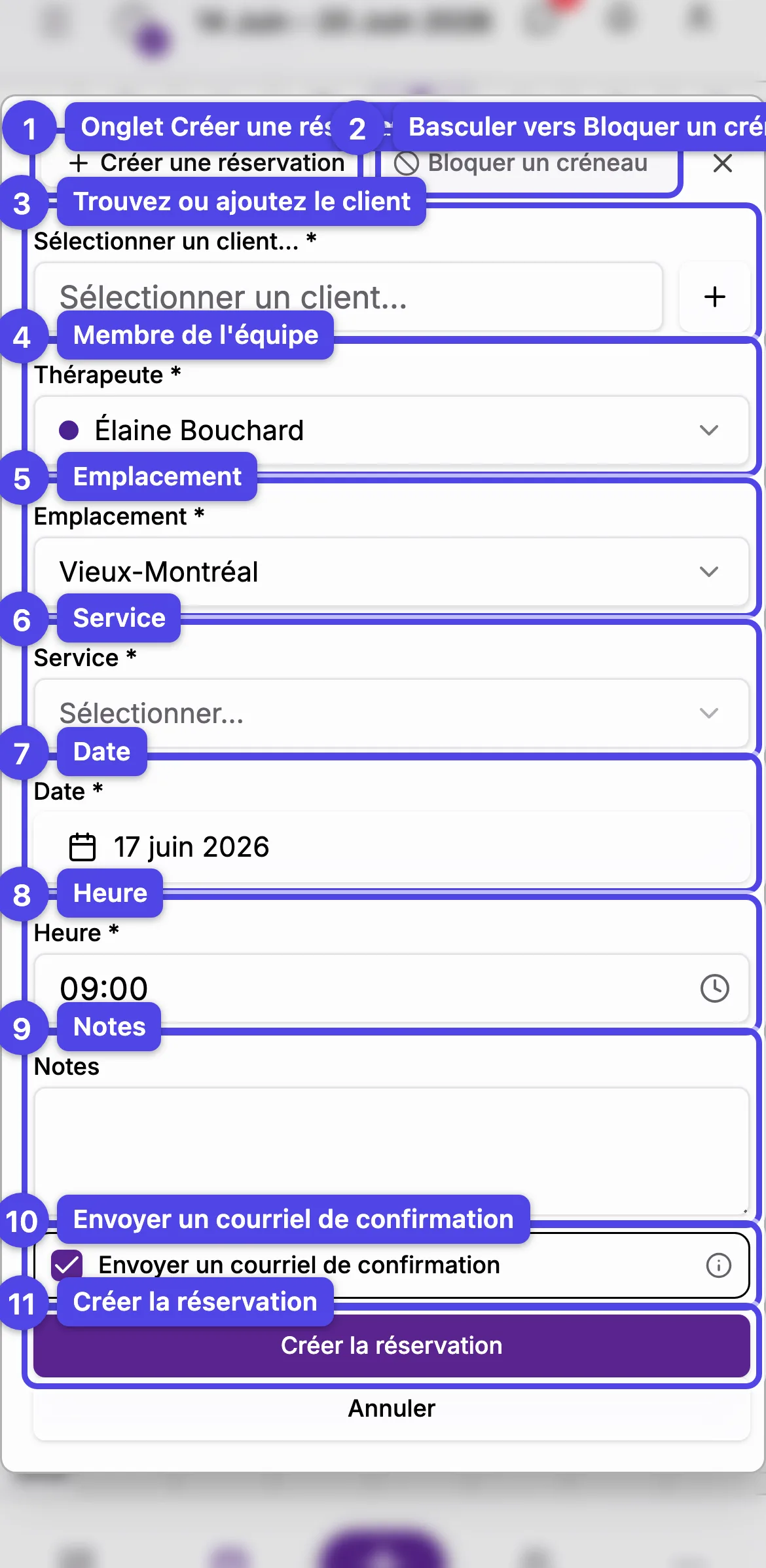 La fenêtre Créer une réservation avec chaque champ numéroté