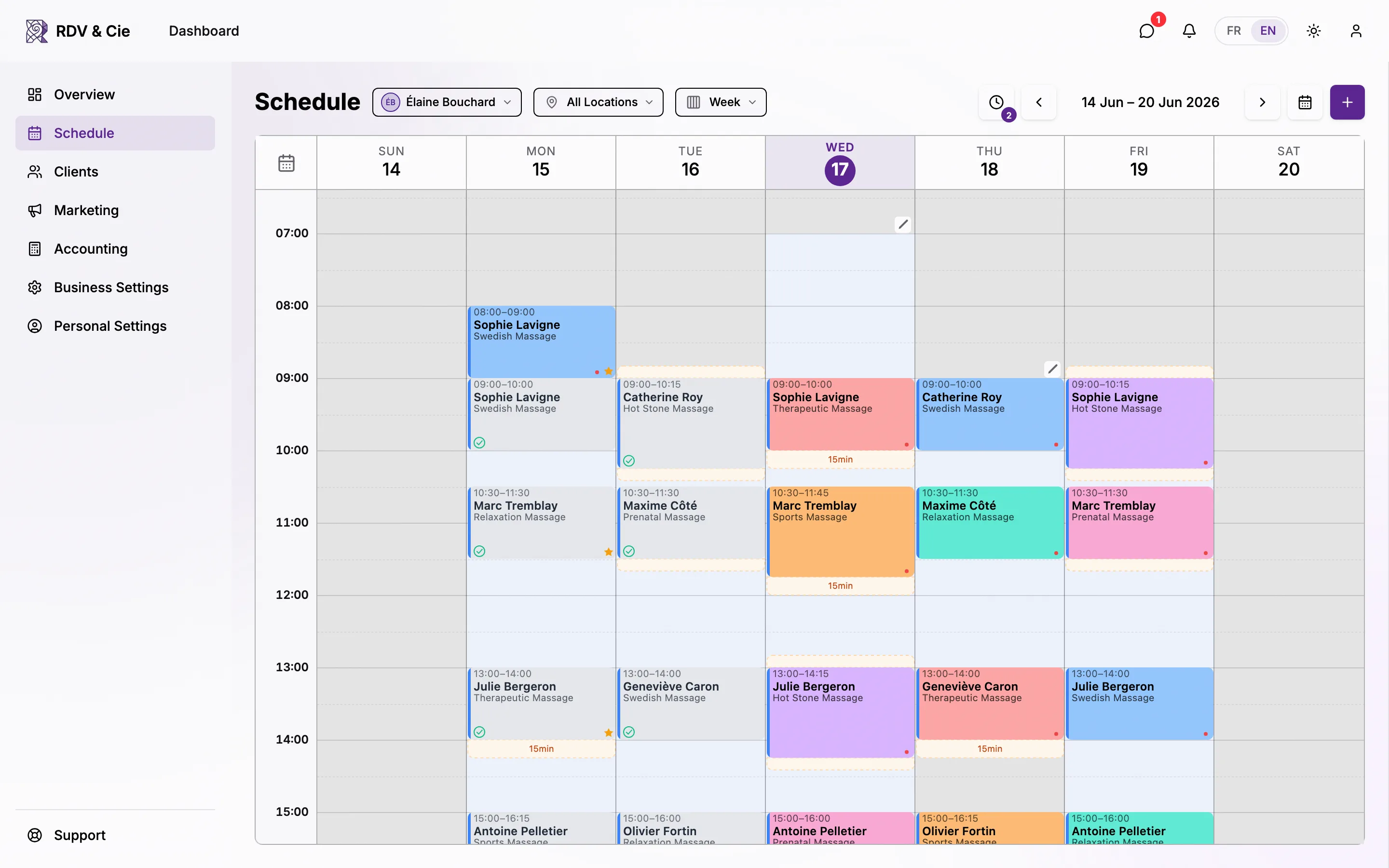 The schedule with bookings and availability