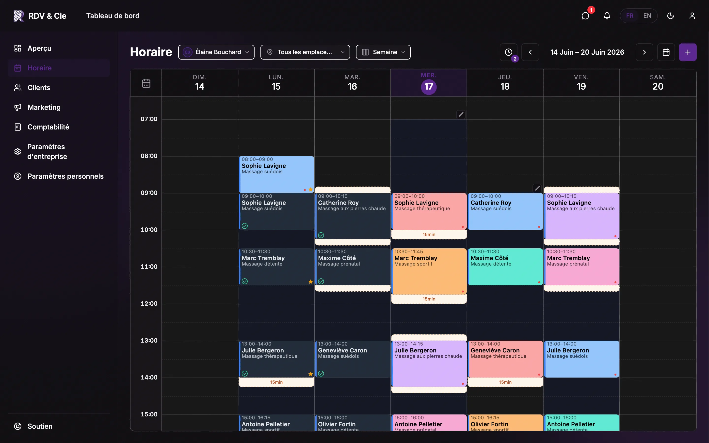 L'horaire avec rendez-vous et disponibilités
