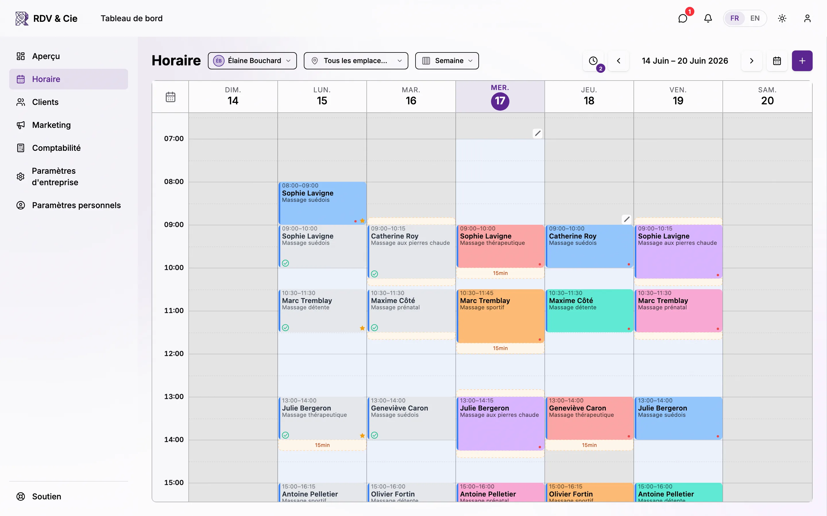 L'horaire avec rendez-vous et disponibilités