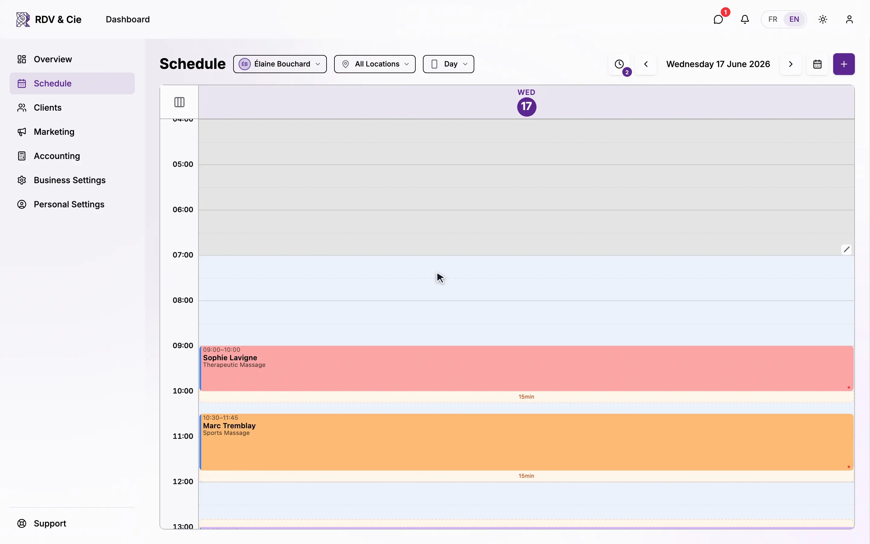 Pressing and holding a booking, dragging it to a free time, then confirming — the booking moves to the new time