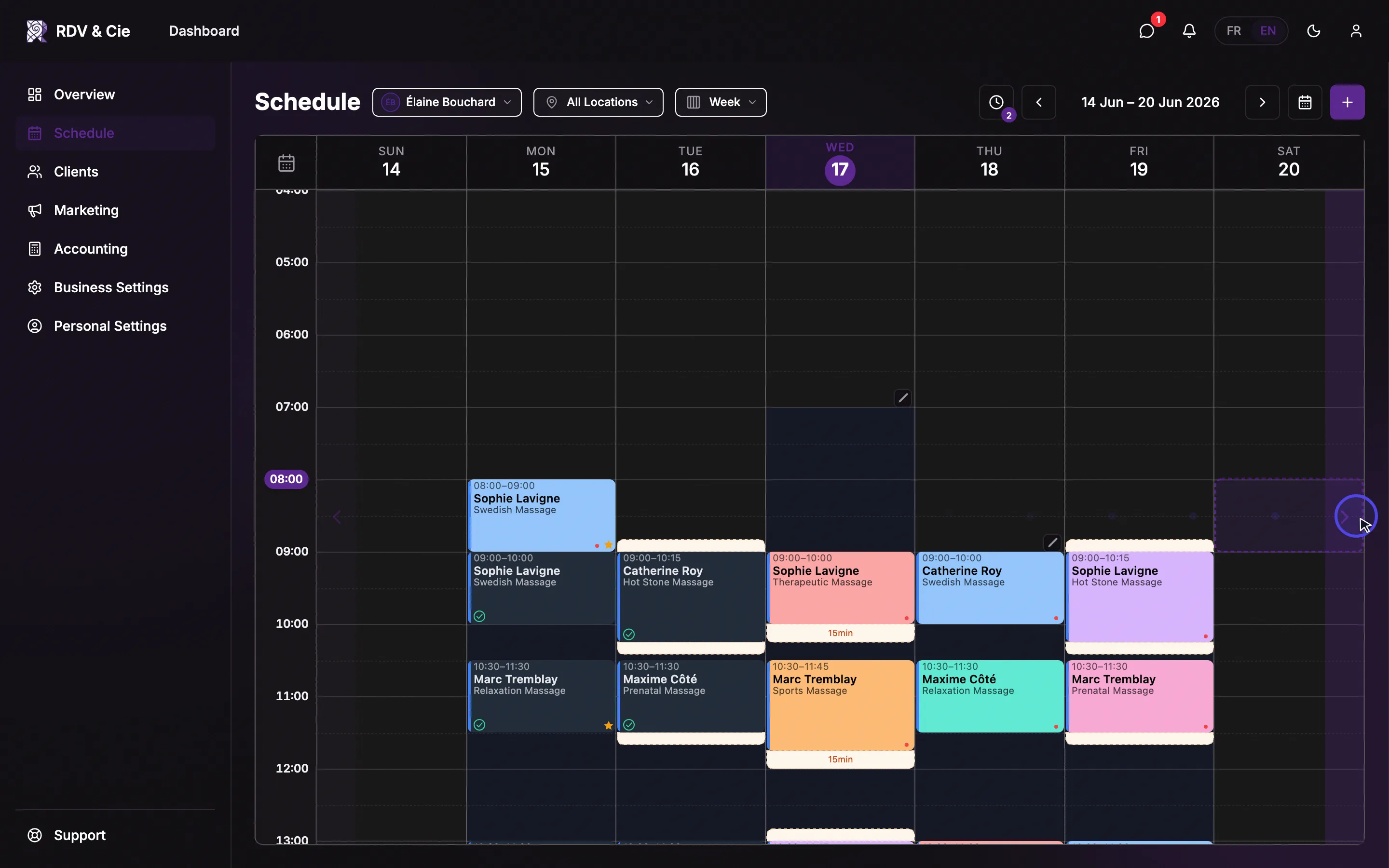 In week view, dragging a booking to the right edge and holding until the schedule flips to the next week, then dropping and confirming