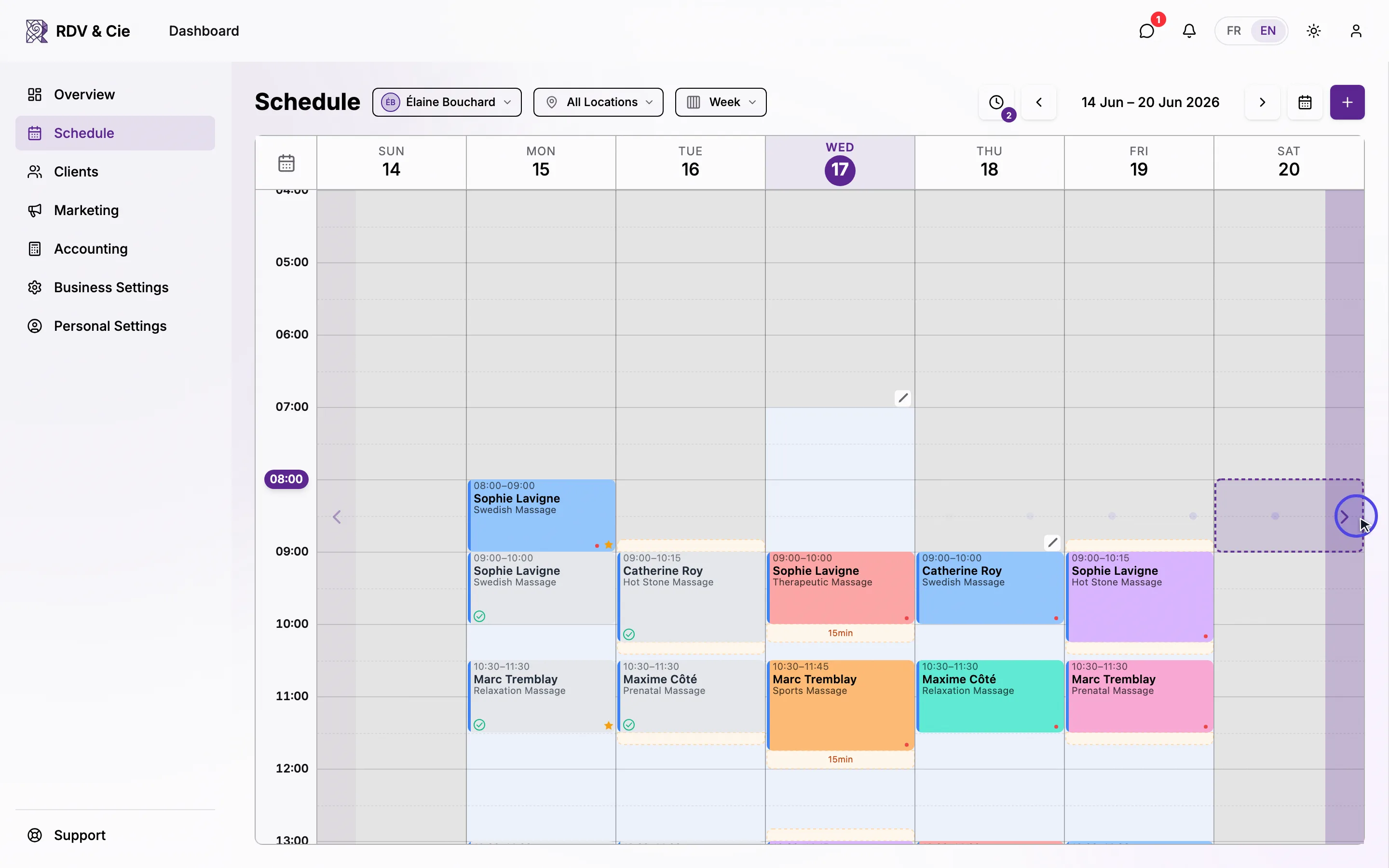 In week view, dragging a booking to the right edge and holding until the schedule flips to the next week, then dropping and confirming